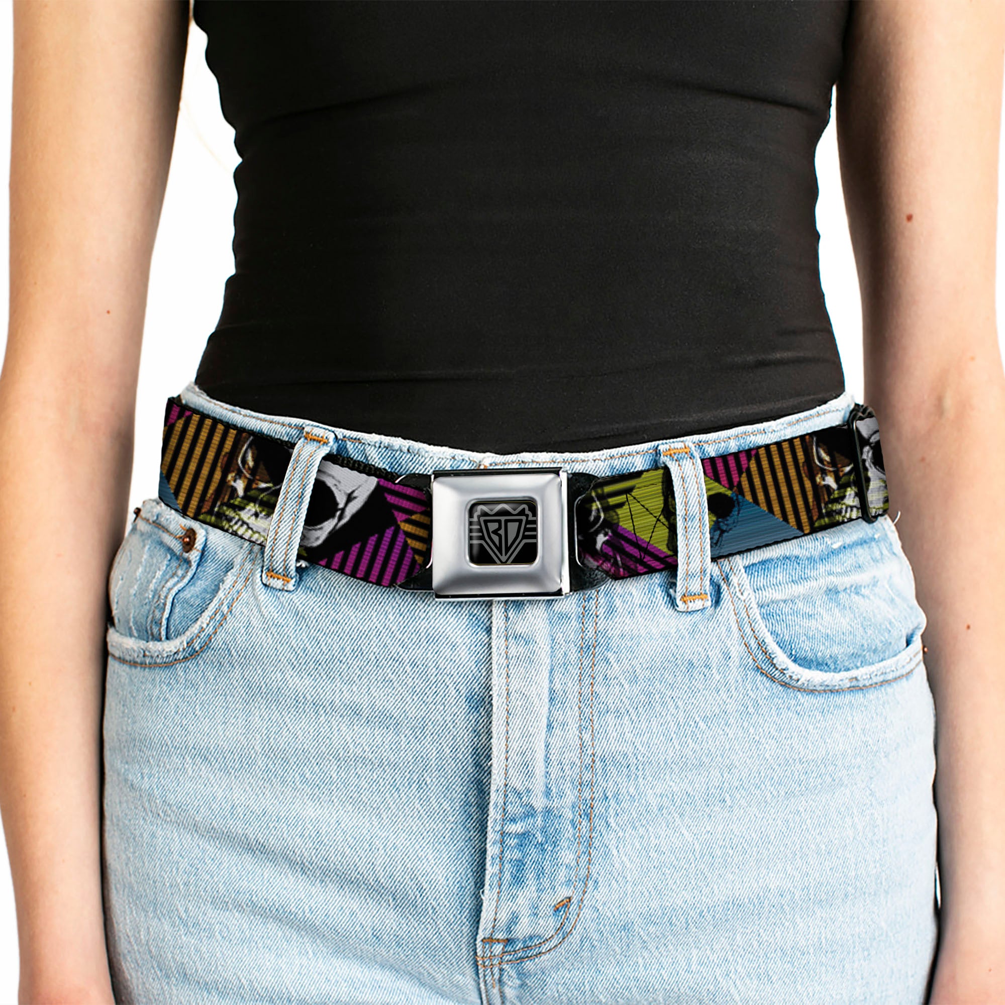 BD Wings Logo CLOSE-UP Black/Silver Seatbelt Belt - Skull CAT Scan/Striped Diamonds Black/Multi Color/Grays Webbing Seatbelt Belts Buckle-Down