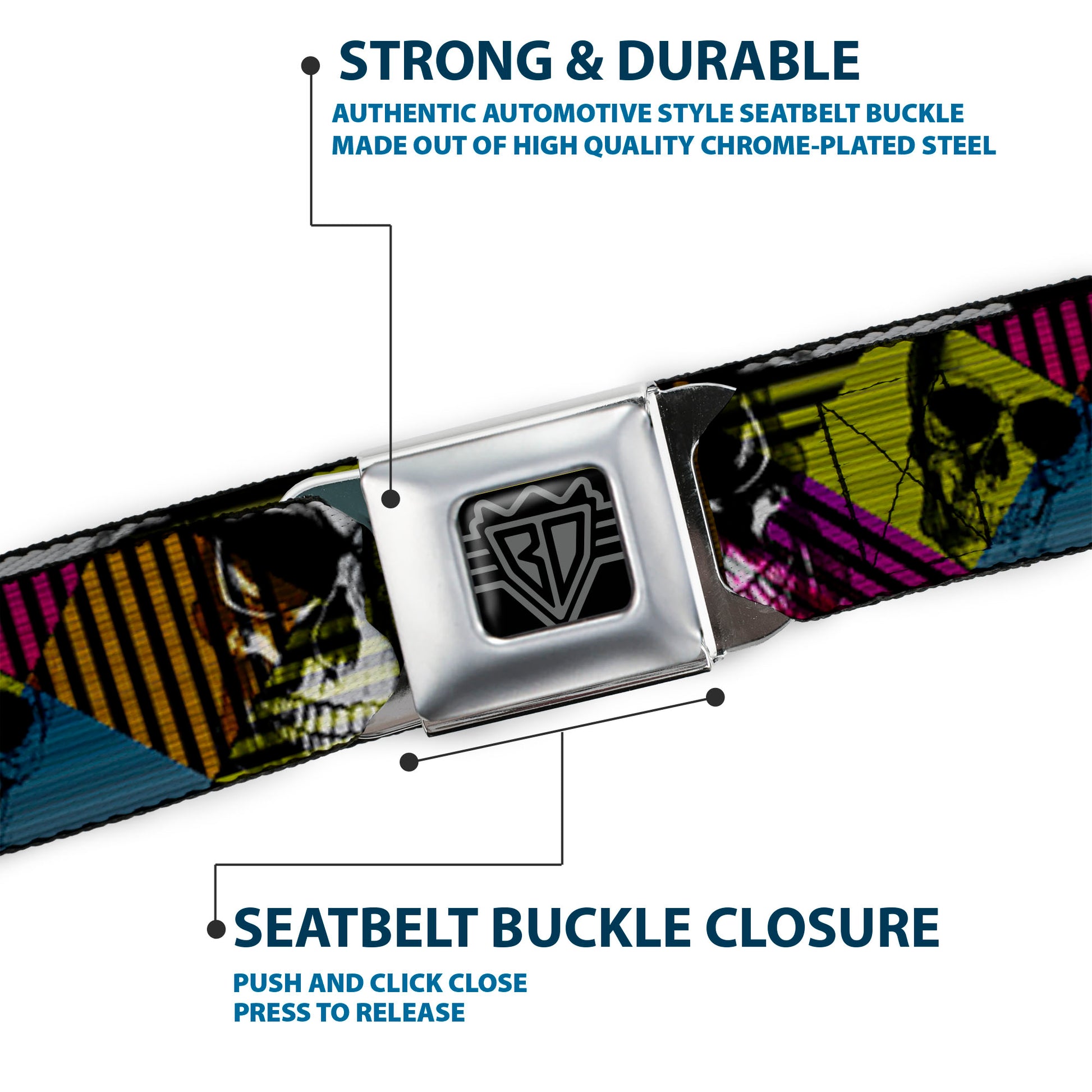 BD Wings Logo CLOSE-UP Black/Silver Seatbelt Belt - Skull CAT Scan/Striped Diamonds Black/Multi Color/Grays Webbing Seatbelt Belts Buckle-Down