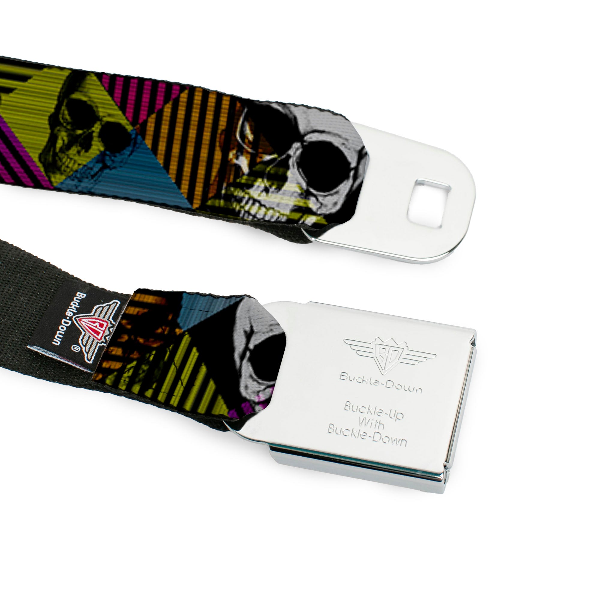 BD Wings Logo CLOSE-UP Black/Silver Seatbelt Belt - Skull CAT Scan/Striped Diamonds Black/Multi Color/Grays Webbing Seatbelt Belts Buckle-Down