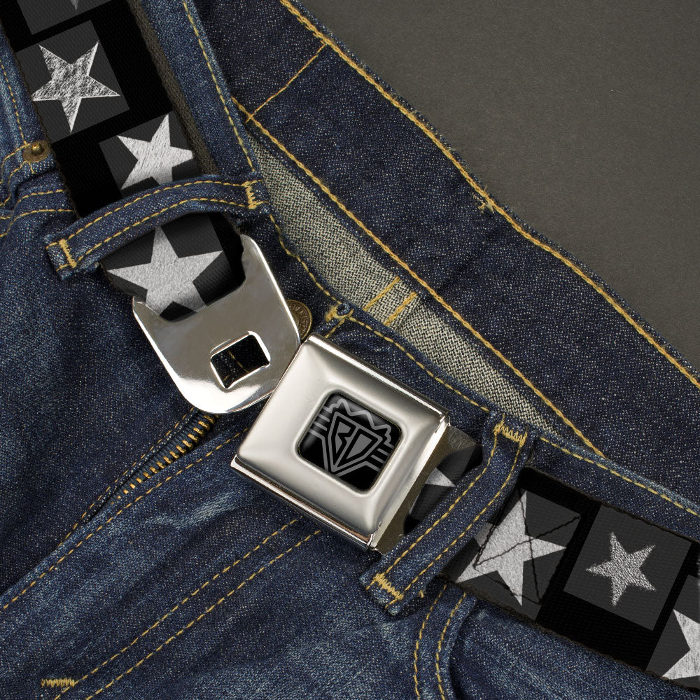BD Wings Logo CLOSE-UP Black/Silver Seatbelt Belt - Stars Sketches Black/Grays Webbing Seatbelt Belts Buckle-Down