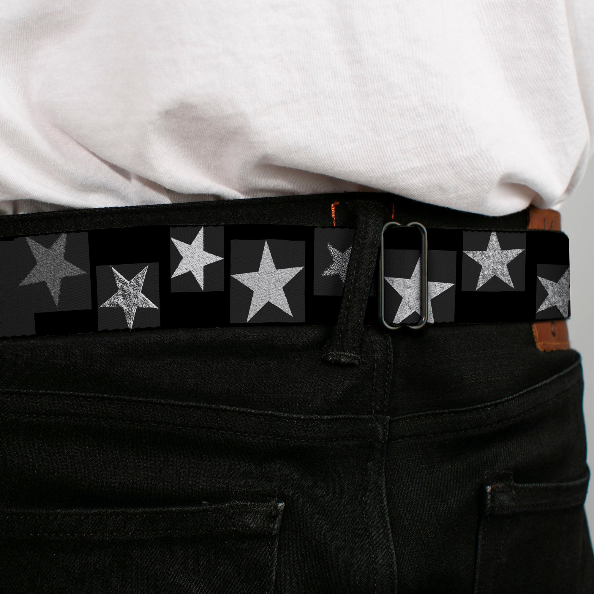BD Wings Logo CLOSE-UP Black/Silver Seatbelt Belt - Stars Sketches Black/Grays Webbing Seatbelt Belts Buckle-Down