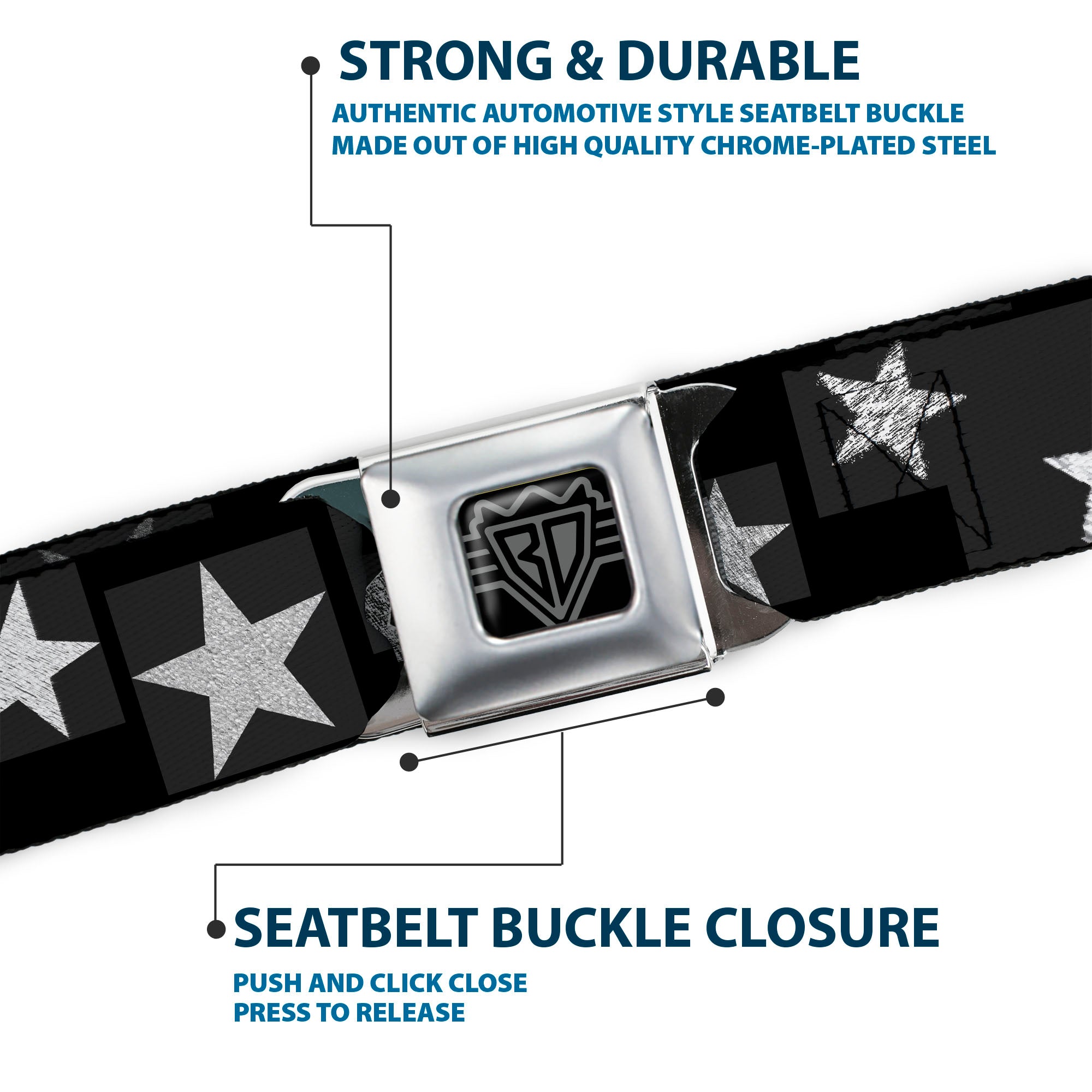 BD Wings Logo CLOSE-UP Black/Silver Seatbelt Belt - Stars Sketches Black/Grays Webbing Seatbelt Belts Buckle-Down
