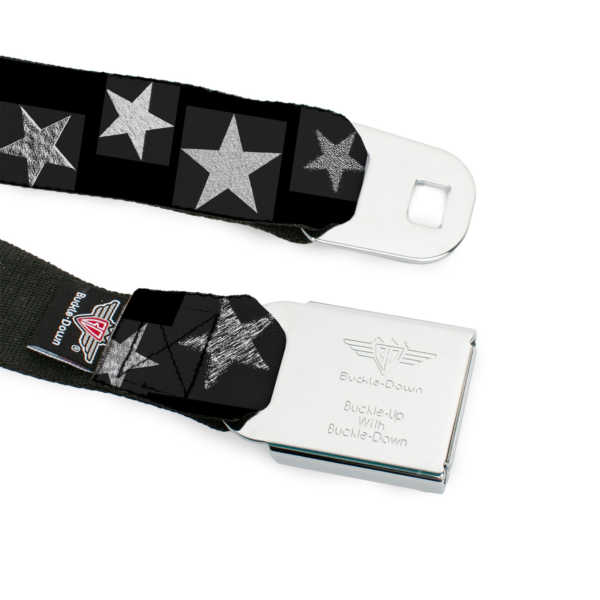 BD Wings Logo CLOSE-UP Black/Silver Seatbelt Belt - Stars Sketches Black/Grays Webbing Seatbelt Belts Buckle-Down