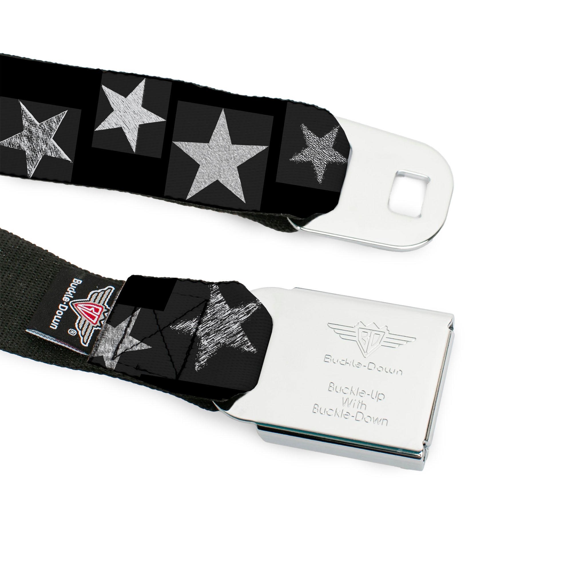 BD Wings Logo CLOSE-UP Black/Silver Seatbelt Belt - Stars Sketches Black/Grays Webbing Seatbelt Belts Buckle-Down