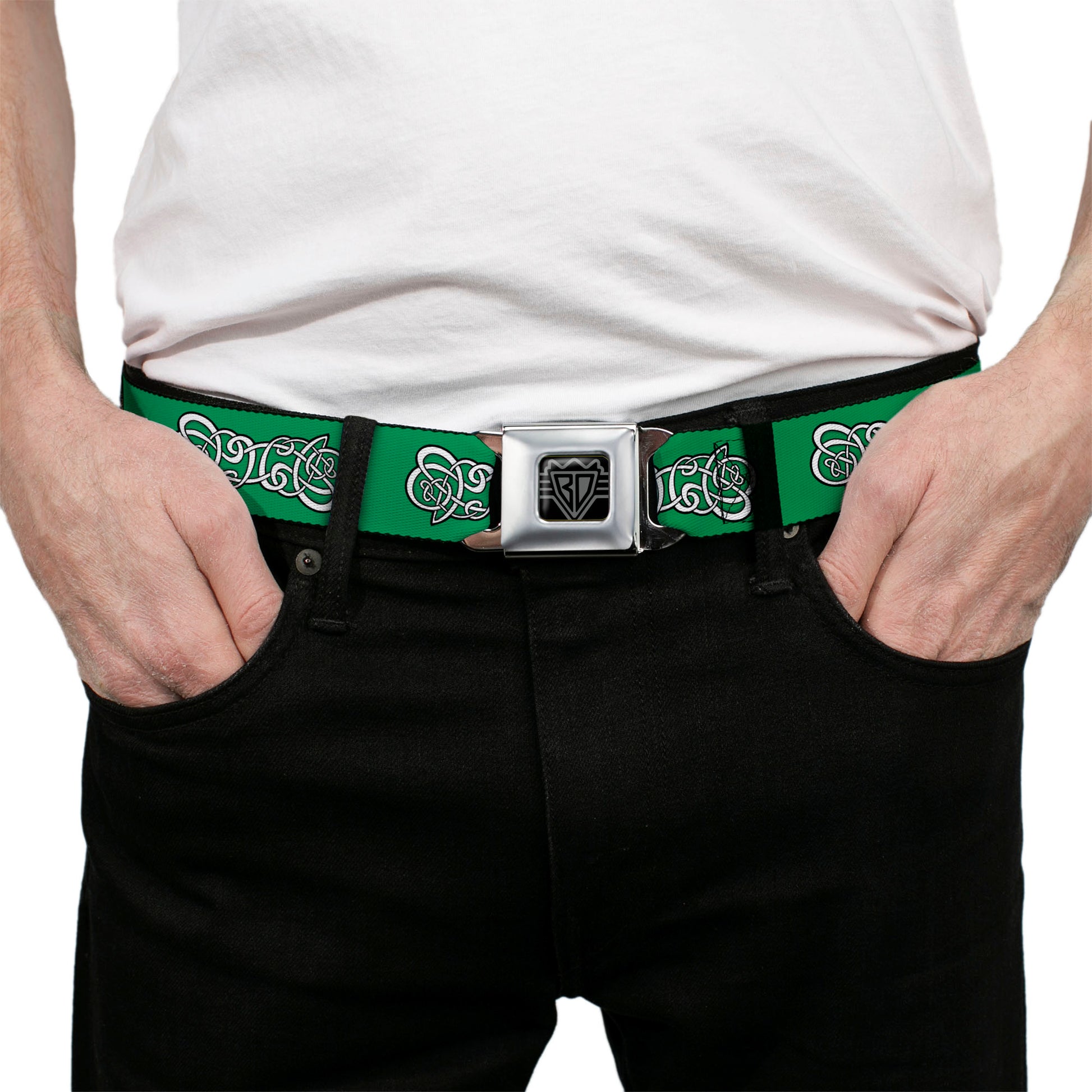 BD Wings Logo CLOSE-UP Black/Silver Seatbelt Belt - Celtic Knot2 Greens/Black/White Webbing Seatbelt Belts Buckle-Down