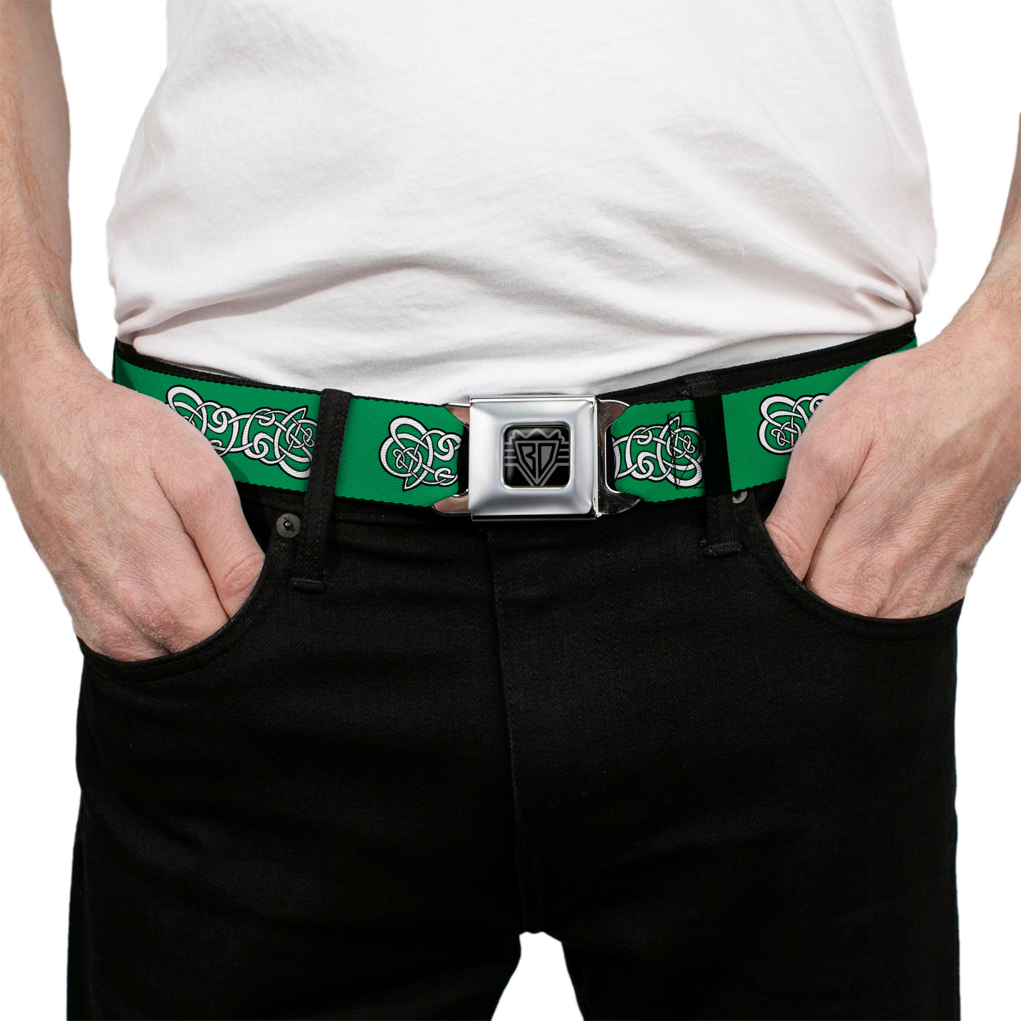 BD Wings Logo CLOSE-UP Black/Silver Seatbelt Belt - Celtic Knot2 Greens/Black/White Webbing Seatbelt Belts Buckle-Down