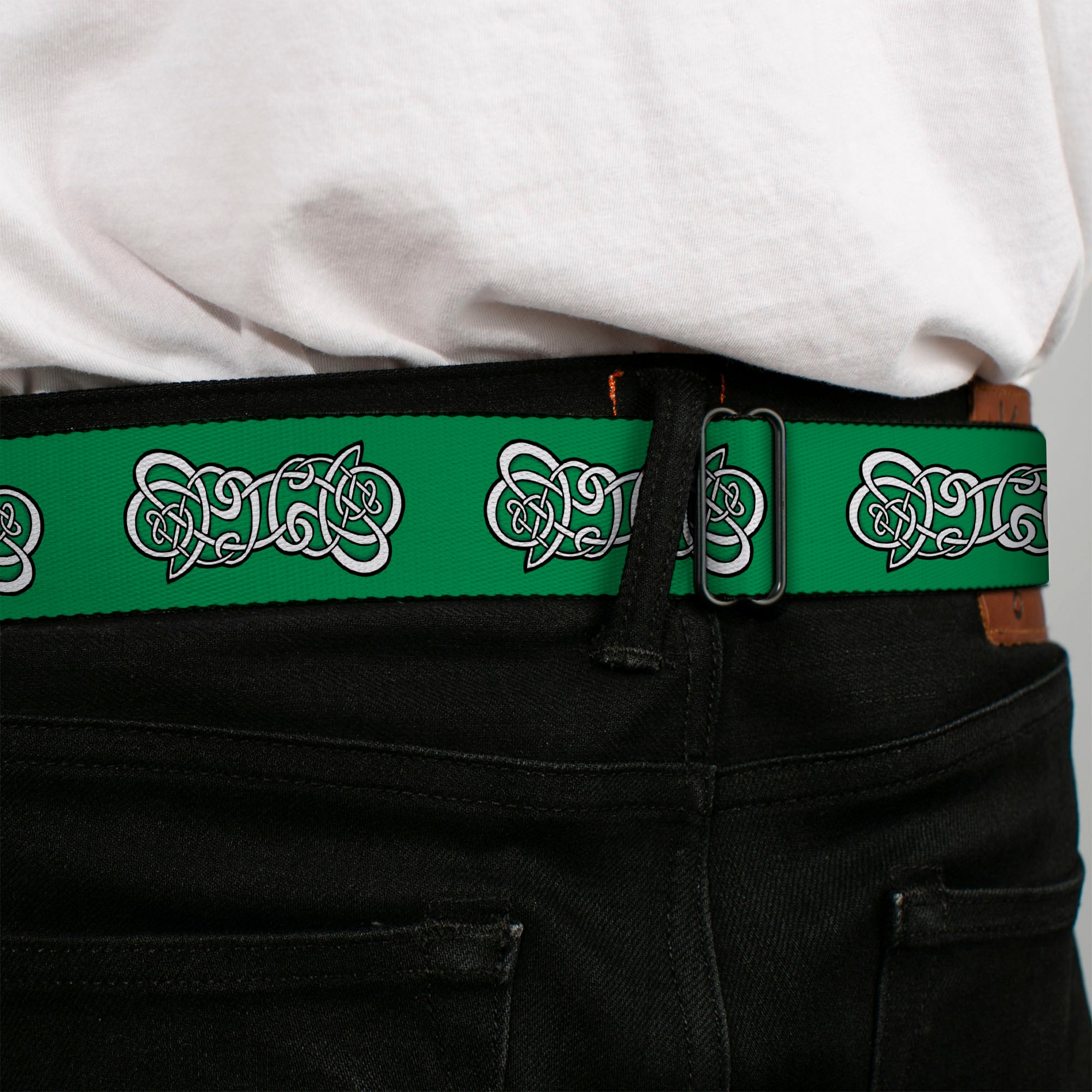 BD Wings Logo CLOSE-UP Black/Silver Seatbelt Belt - Celtic Knot2 Greens/Black/White Webbing Seatbelt Belts Buckle-Down