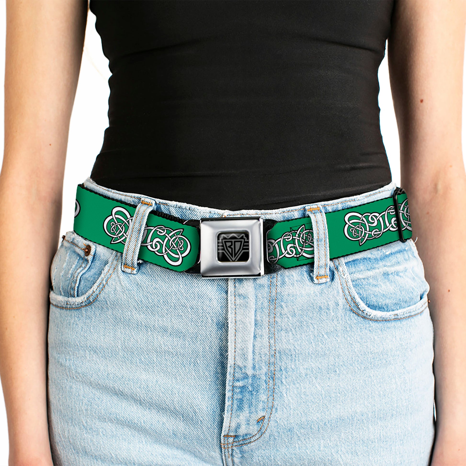 BD Wings Logo CLOSE-UP Black/Silver Seatbelt Belt - Celtic Knot2 Greens/Black/White Webbing Seatbelt Belts Buckle-Down