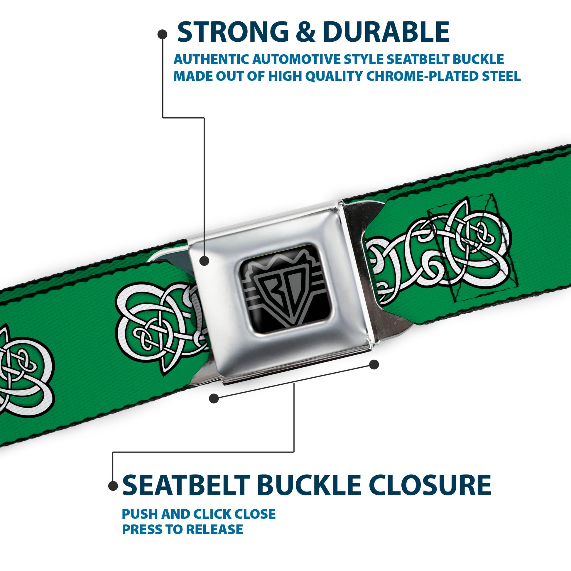 BD Wings Logo CLOSE-UP Black/Silver Seatbelt Belt - Celtic Knot2 Greens/Black/White Webbing Seatbelt Belts Buckle-Down