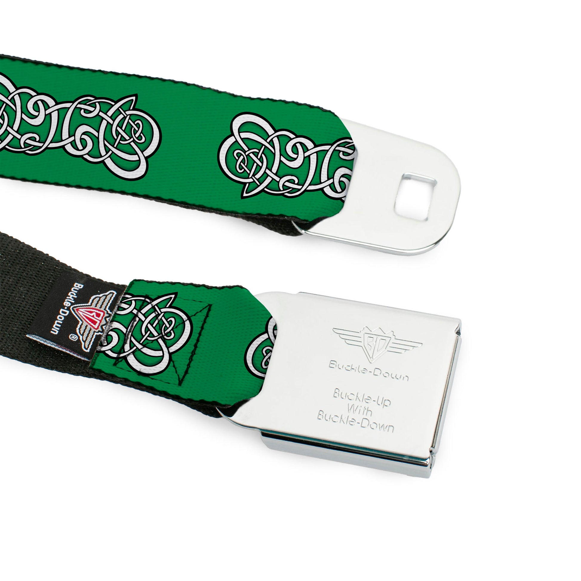 BD Wings Logo CLOSE-UP Black/Silver Seatbelt Belt - Celtic Knot2 Greens/Black/White Webbing Seatbelt Belts Buckle-Down