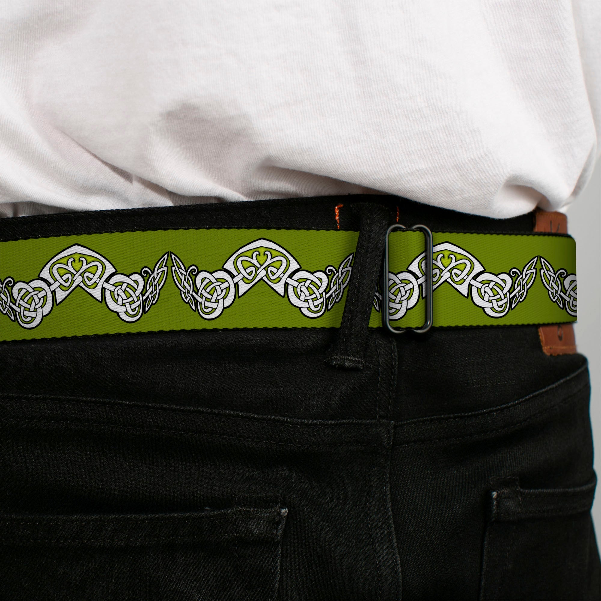 BD Wings Logo CLOSE-UP Black/Silver Seatbelt Belt - Celtic Knot3 Olives/Black/White Webbing Seatbelt Belts Buckle-Down