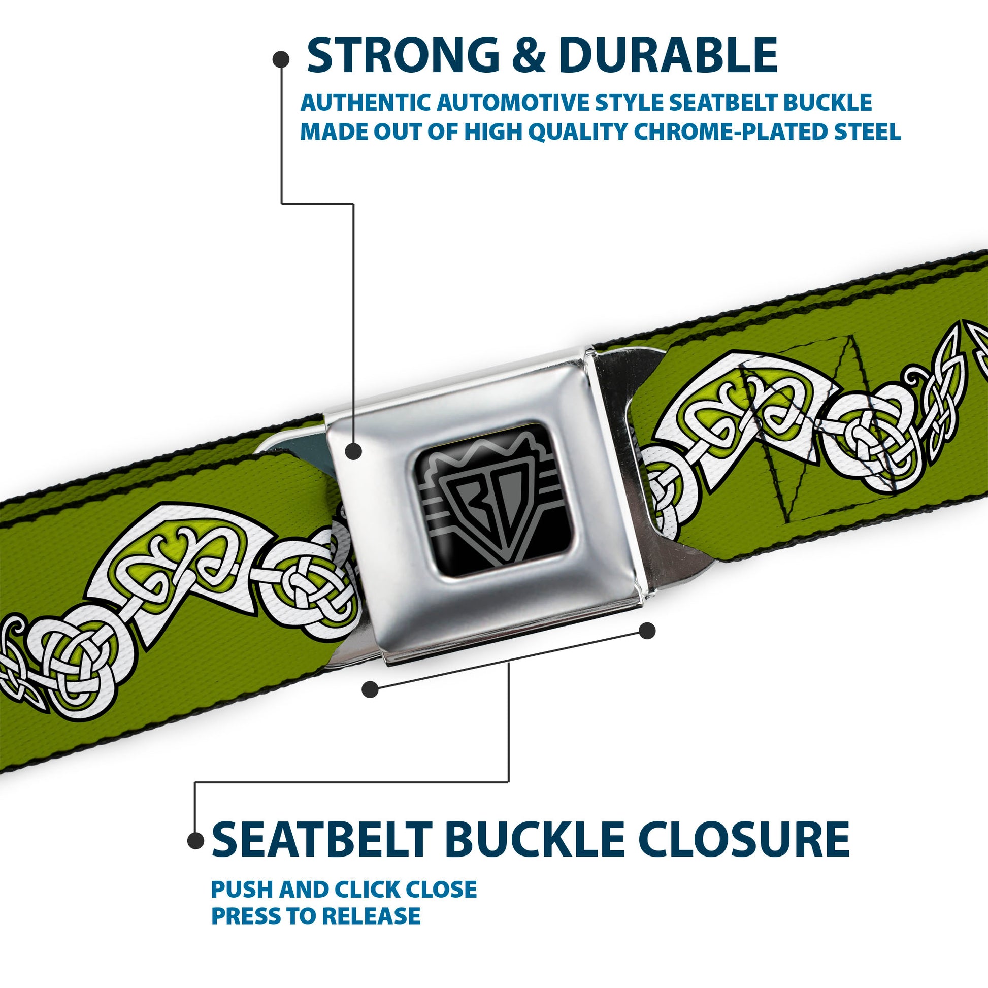 BD Wings Logo CLOSE-UP Black/Silver Seatbelt Belt - Celtic Knot3 Olives/Black/White Webbing Seatbelt Belts Buckle-Down