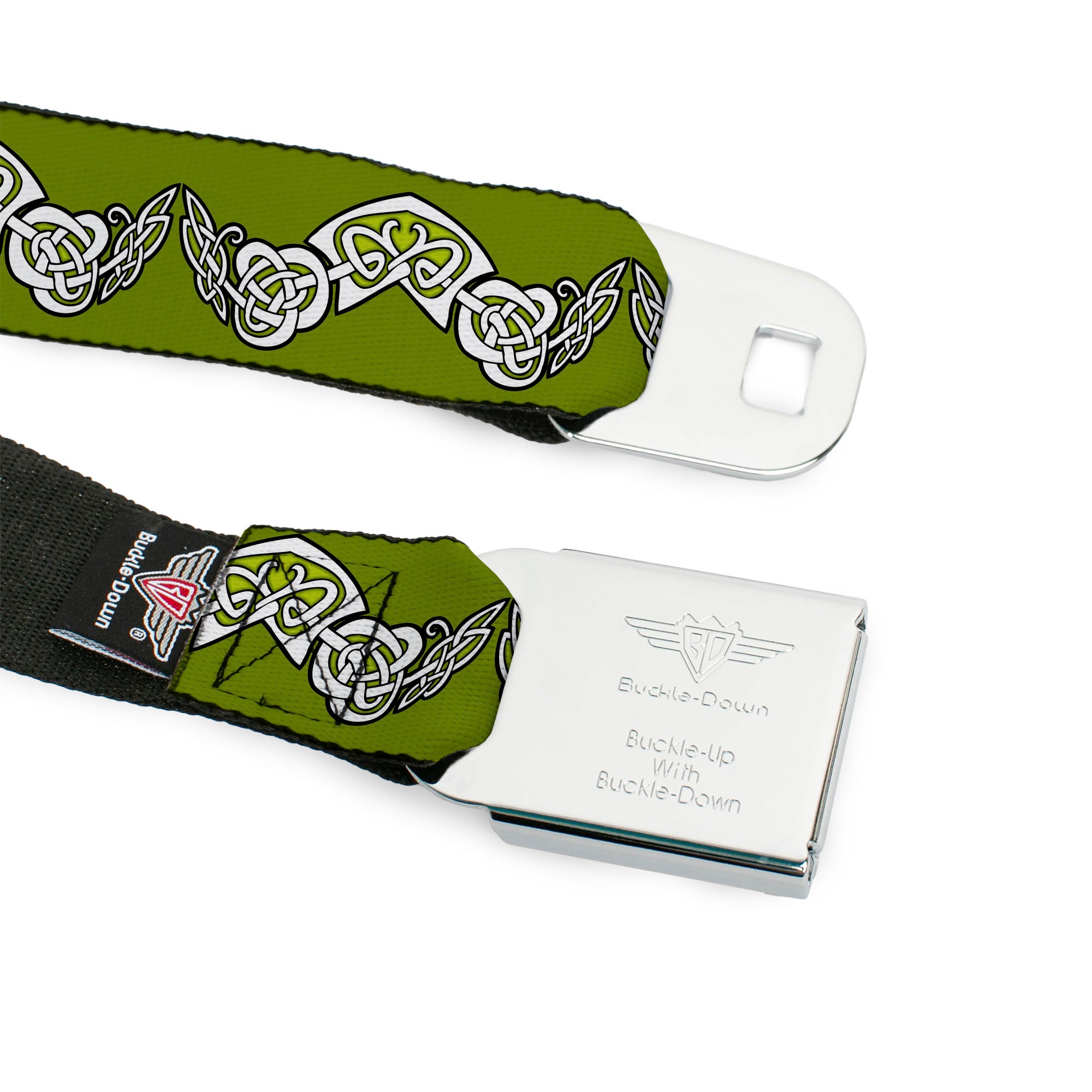 BD Wings Logo CLOSE-UP Black/Silver Seatbelt Belt - Celtic Knot3 Olives/Black/White Webbing Seatbelt Belts Buckle-Down