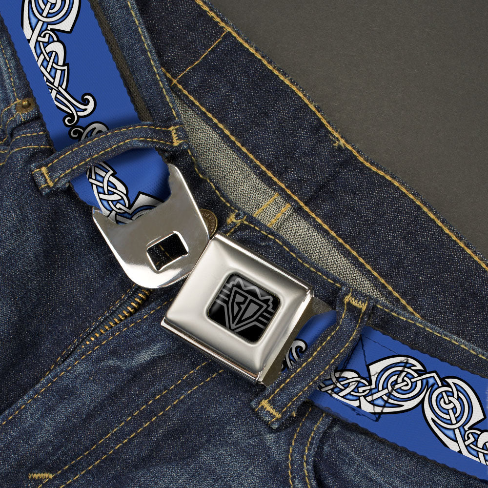 BD Wings Logo CLOSE-UP Black/Silver Seatbelt Belt - Celtic Knot4 Blues/Black/White Webbing Seatbelt Belts Buckle-Down