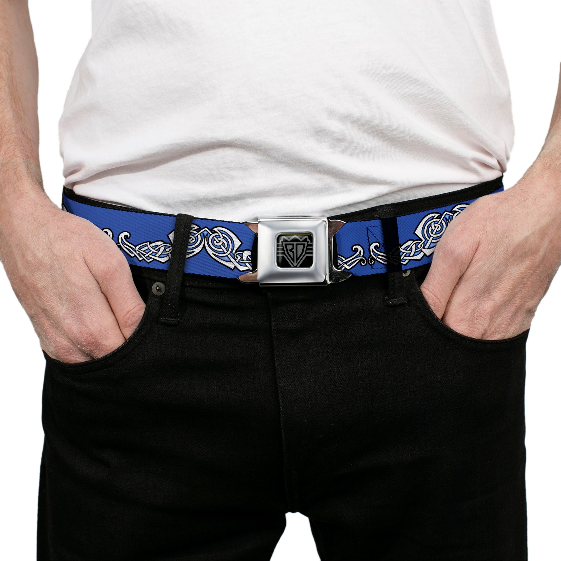 BD Wings Logo CLOSE-UP Black/Silver Seatbelt Belt - Celtic Knot4 Blues/Black/White Webbing Seatbelt Belts Buckle-Down