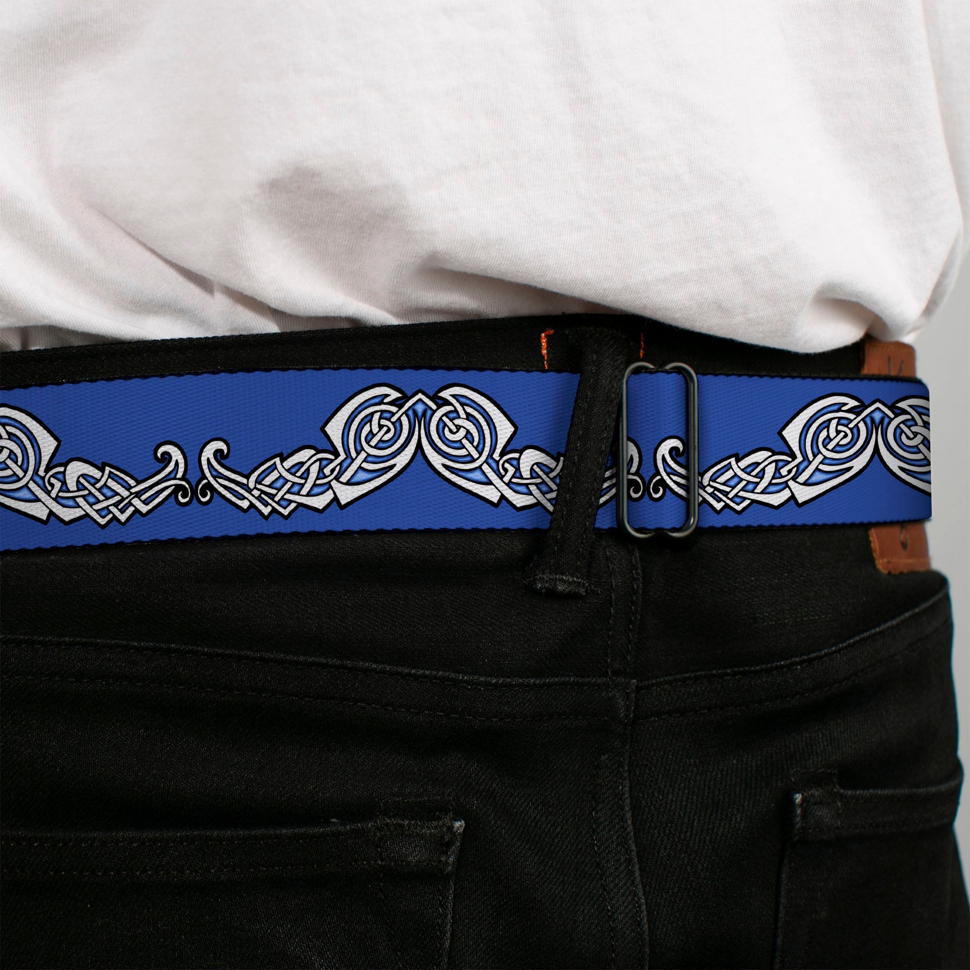 BD Wings Logo CLOSE-UP Black/Silver Seatbelt Belt - Celtic Knot4 Blues/Black/White Webbing Seatbelt Belts Buckle-Down