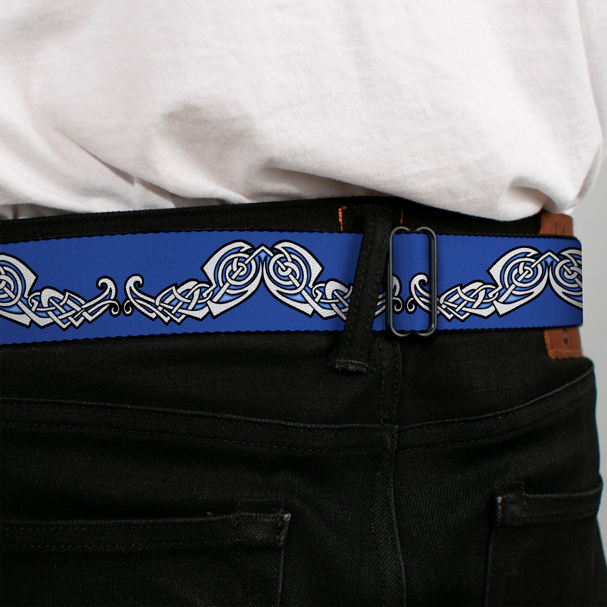 BD Wings Logo CLOSE-UP Black/Silver Seatbelt Belt - Celtic Knot4 Blues/Black/White Webbing Seatbelt Belts Buckle-Down