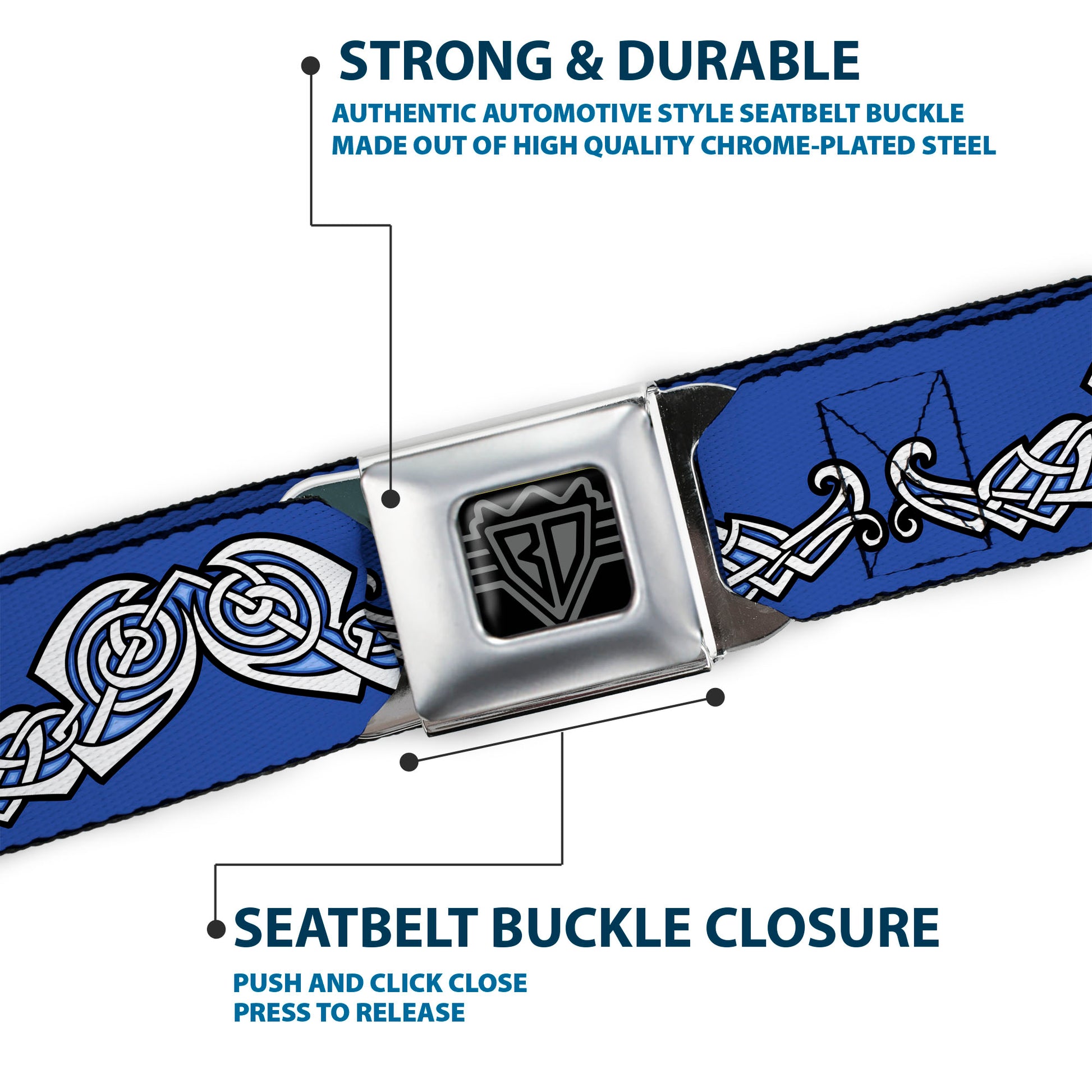 BD Wings Logo CLOSE-UP Black/Silver Seatbelt Belt - Celtic Knot4 Blues/Black/White Webbing Seatbelt Belts Buckle-Down