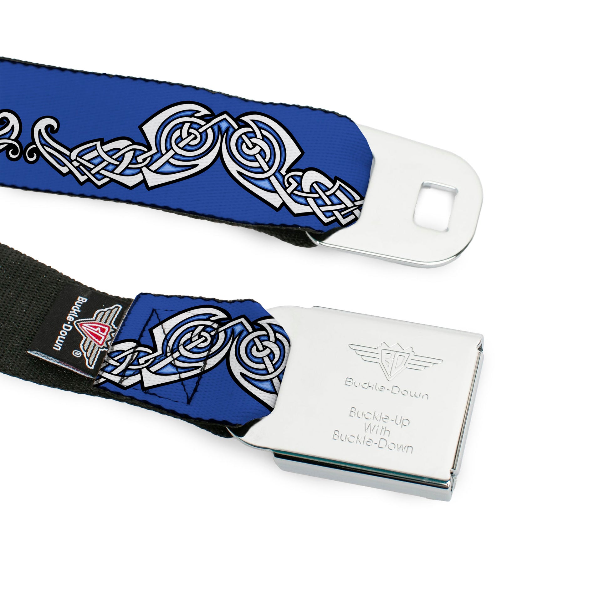 BD Wings Logo CLOSE-UP Black/Silver Seatbelt Belt - Celtic Knot4 Blues/Black/White Webbing Seatbelt Belts Buckle-Down