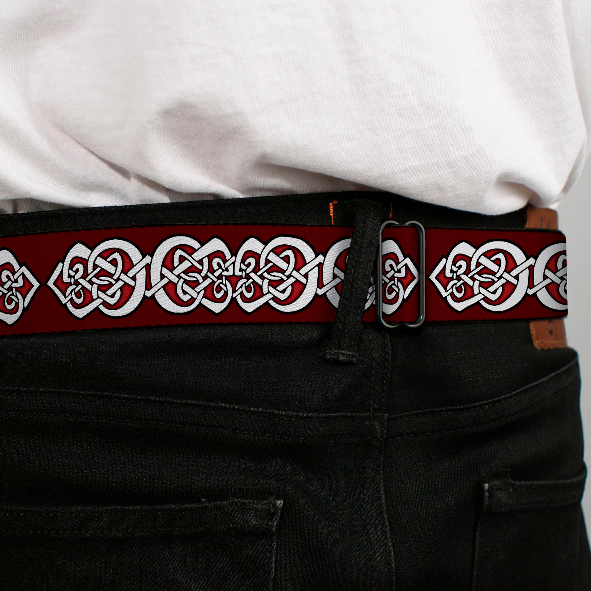 BD Wings Logo CLOSE-UP Black/Silver Seatbelt Belt - Celtic Knot5 Reds/Black/White Webbing Seatbelt Belts Buckle-Down