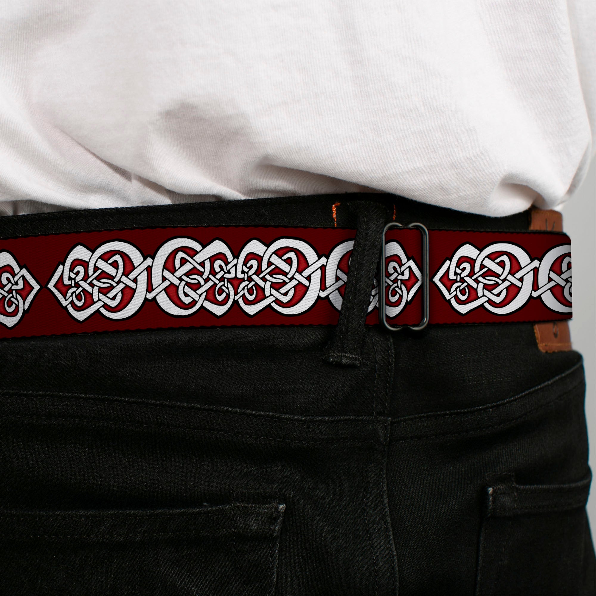 BD Wings Logo CLOSE-UP Black/Silver Seatbelt Belt - Celtic Knot5 Reds/Black/White Webbing Seatbelt Belts Buckle-Down