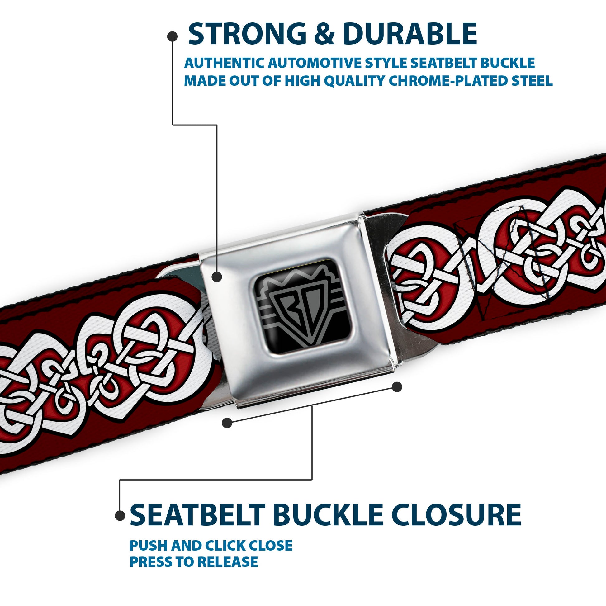 BD Wings Logo CLOSE-UP Black/Silver Seatbelt Belt - Celtic Knot5 Reds/Black/White Webbing Seatbelt Belts Buckle-Down
