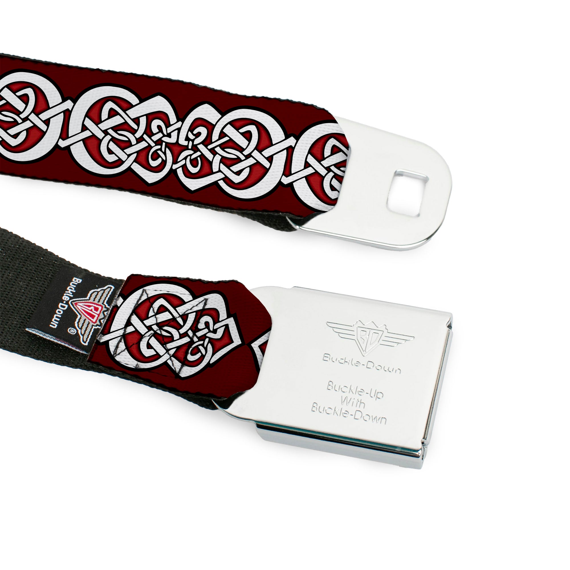 BD Wings Logo CLOSE-UP Black/Silver Seatbelt Belt - Celtic Knot5 Reds/Black/White Webbing Seatbelt Belts Buckle-Down
