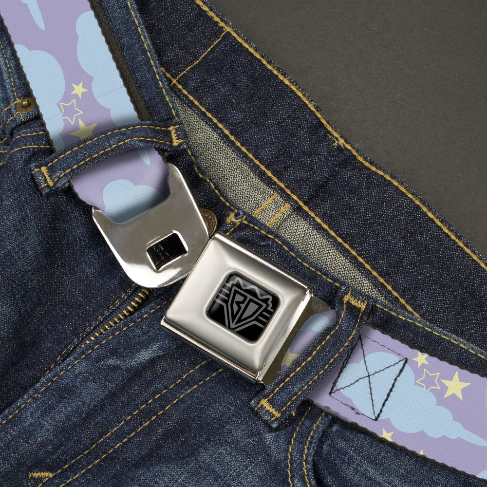 BD Wings Logo CLOSE-UP Black/Silver Seatbelt Belt - Cloudy/Starry Sky Lavender/Blue/Yellow Webbing Seatbelt Belts Buckle-Down