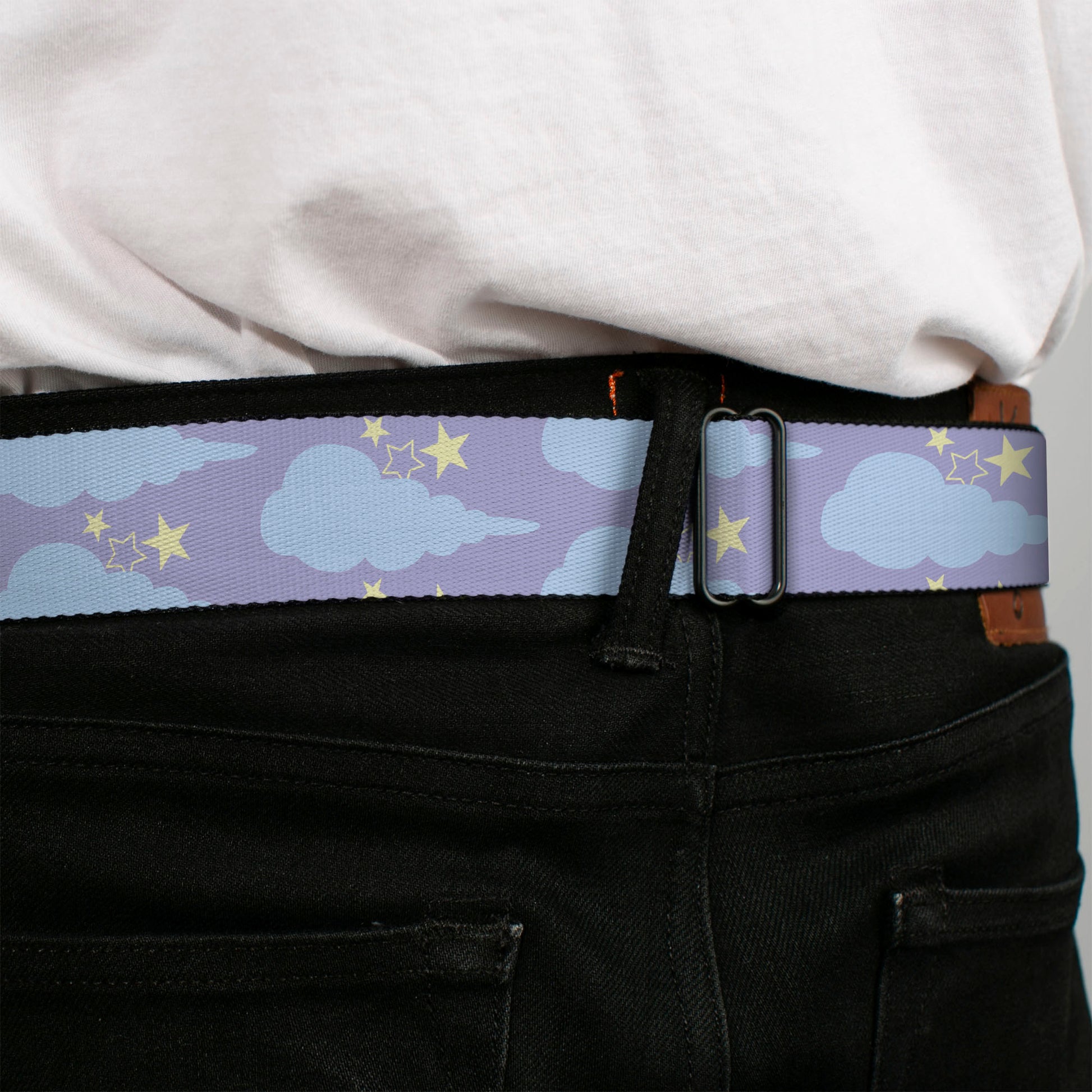 BD Wings Logo CLOSE-UP Black/Silver Seatbelt Belt - Cloudy/Starry Sky Lavender/Blue/Yellow Webbing Seatbelt Belts Buckle-Down