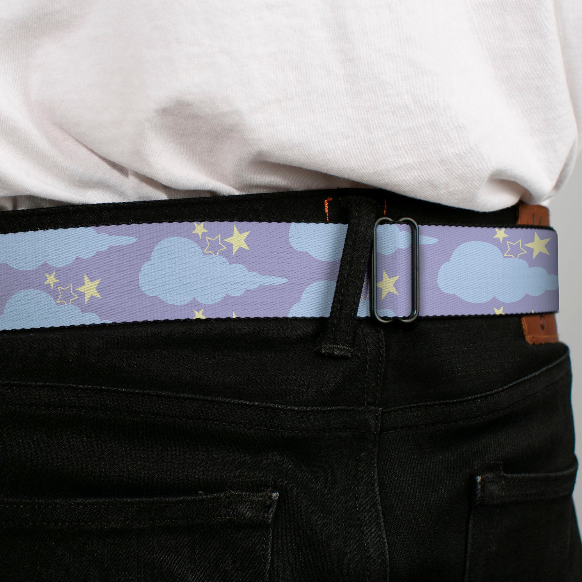 BD Wings Logo CLOSE-UP Black/Silver Seatbelt Belt - Cloudy/Starry Sky Lavender/Blue/Yellow Webbing Seatbelt Belts Buckle-Down