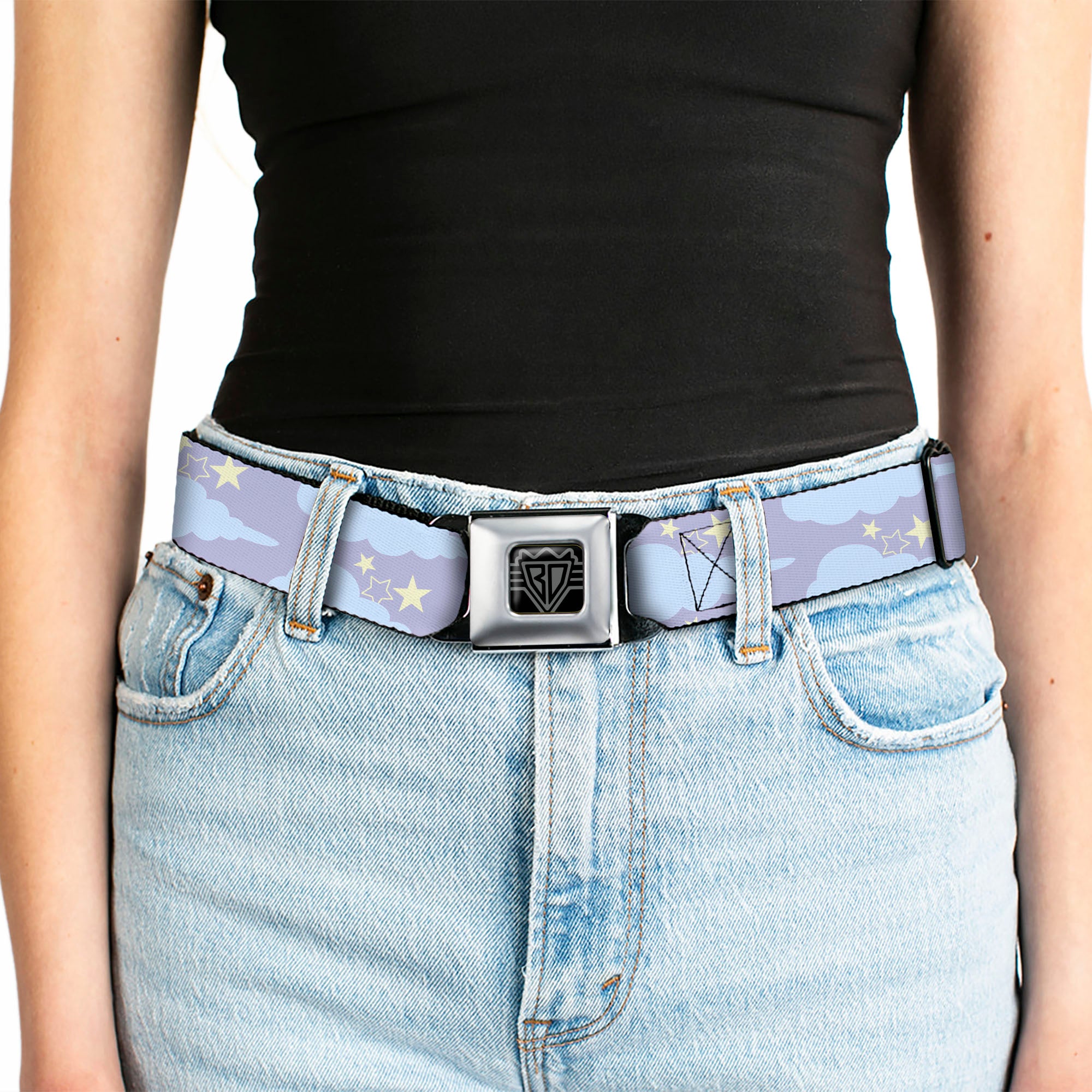 BD Wings Logo CLOSE-UP Black/Silver Seatbelt Belt - Cloudy/Starry Sky Lavender/Blue/Yellow Webbing Seatbelt Belts Buckle-Down