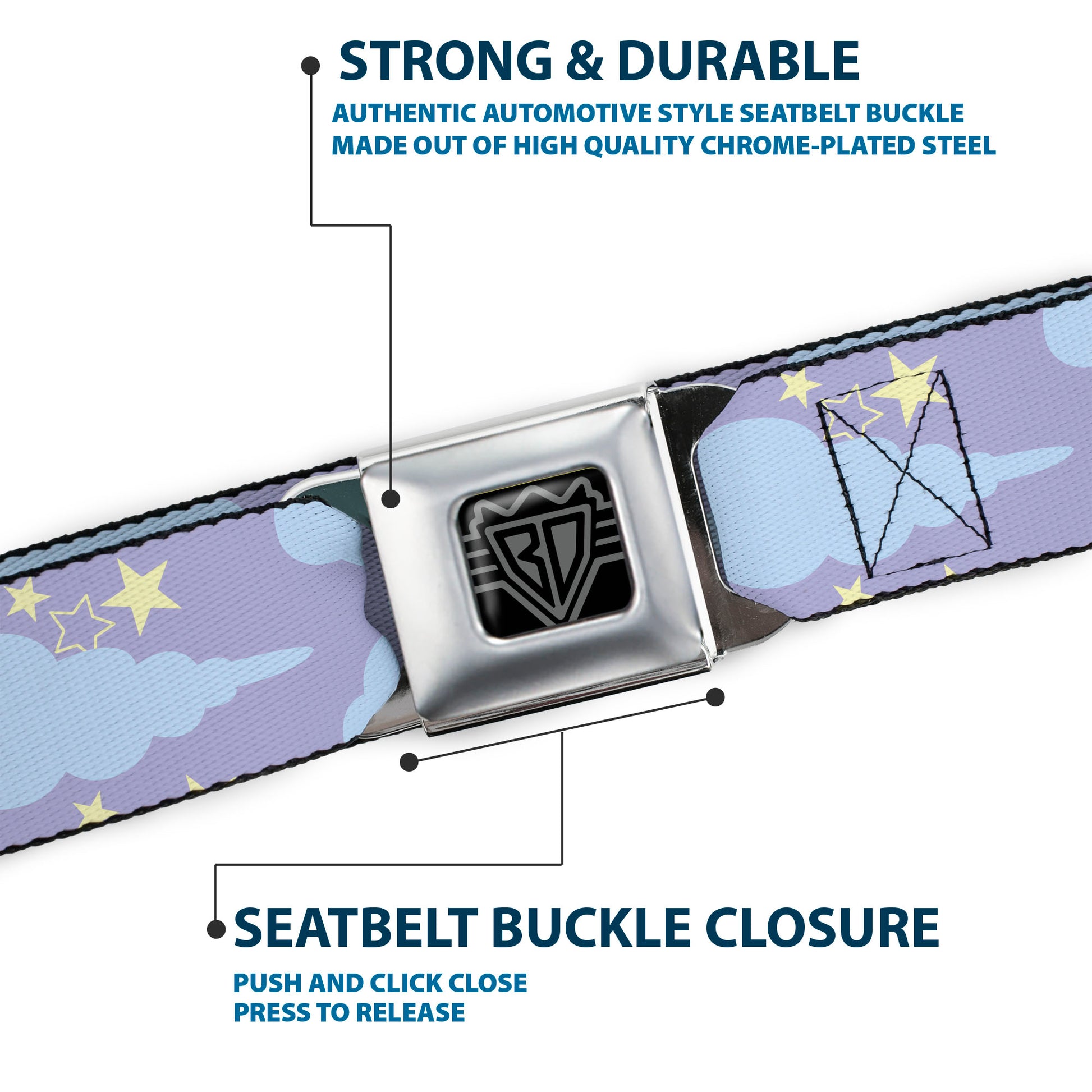 BD Wings Logo CLOSE-UP Black/Silver Seatbelt Belt - Cloudy/Starry Sky Lavender/Blue/Yellow Webbing Seatbelt Belts Buckle-Down