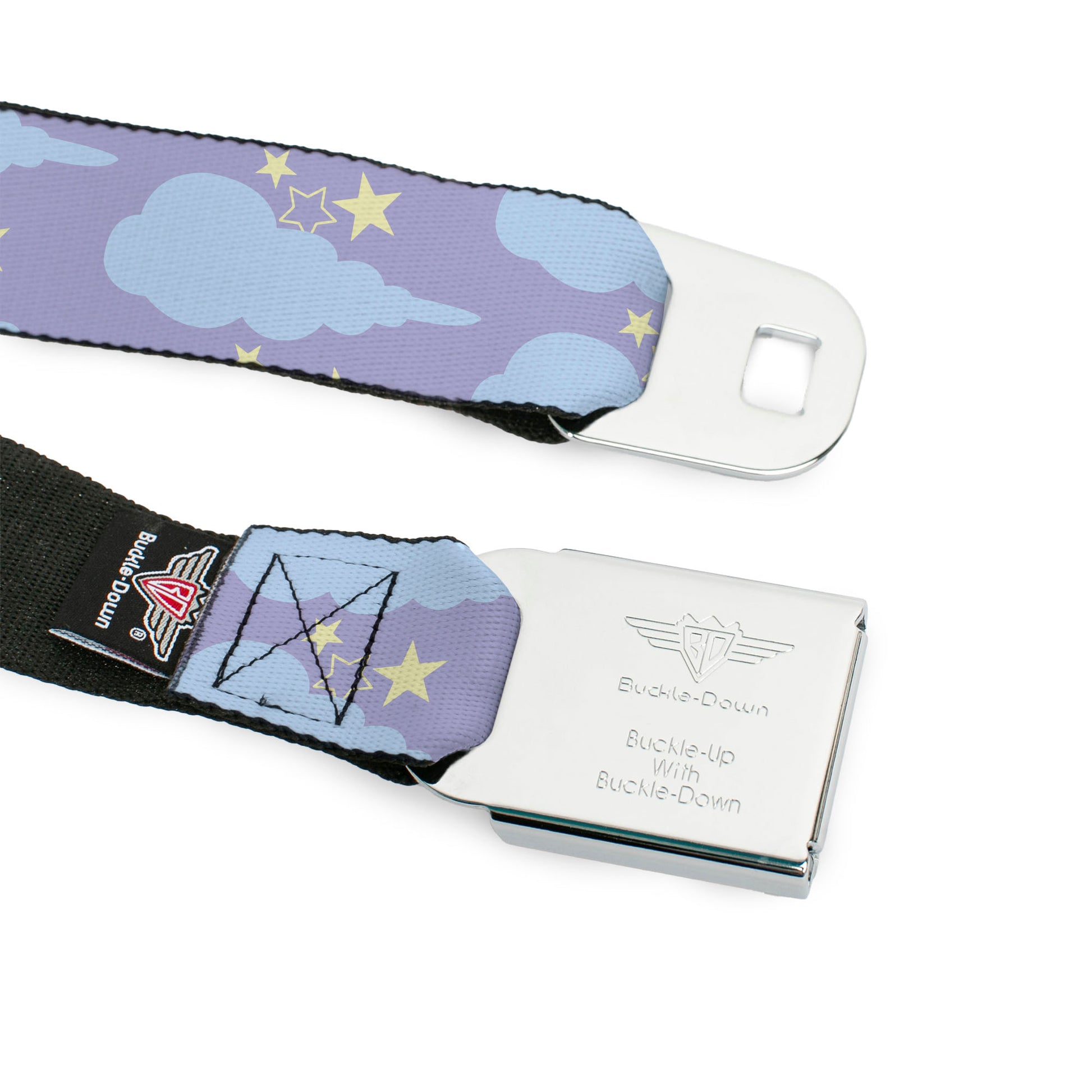 BD Wings Logo CLOSE-UP Black/Silver Seatbelt Belt - Cloudy/Starry Sky Lavender/Blue/Yellow Webbing Seatbelt Belts Buckle-Down