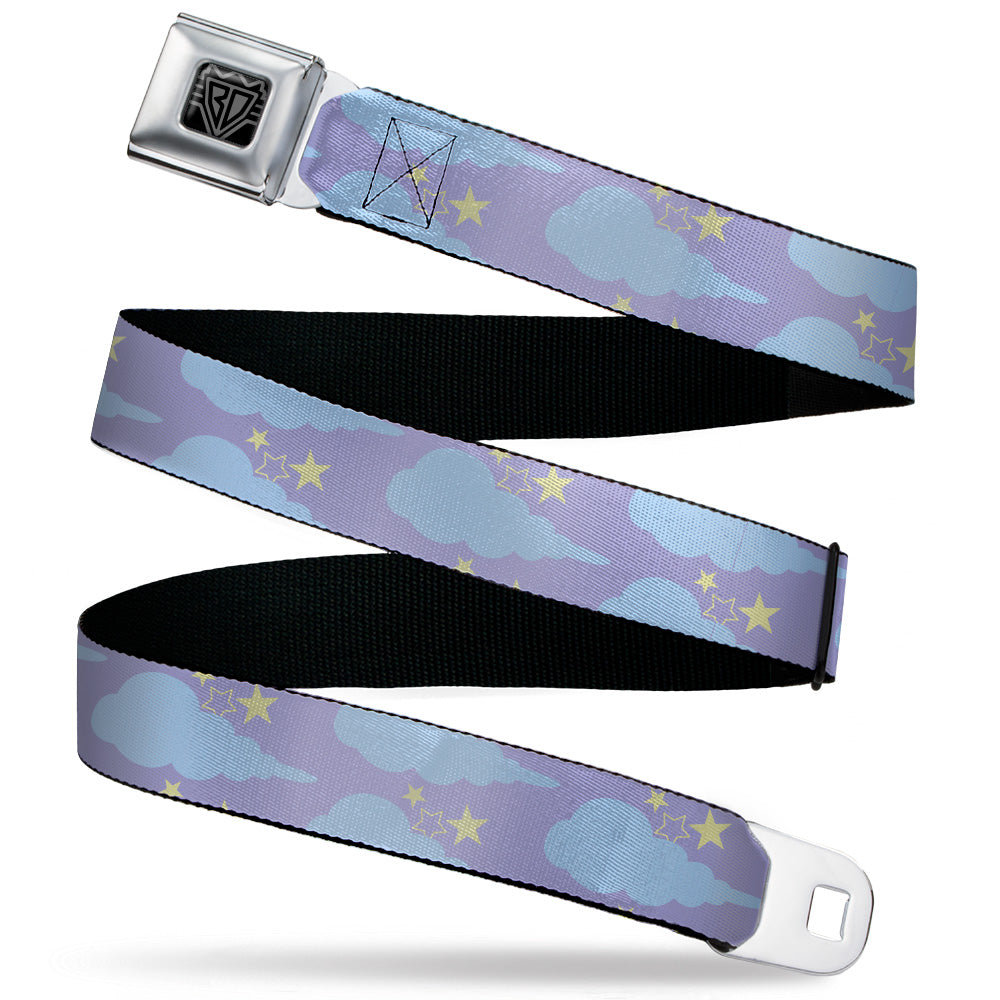 BD Wings Logo CLOSE-UP Black/Silver Seatbelt Belt - Cloudy/Starry Sky Lavender/Blue/Yellow Webbing Seatbelt Belts Buckle-Down