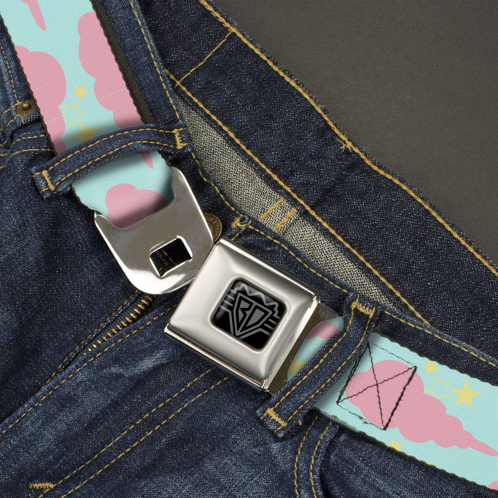 BD Wings Logo CLOSE-UP Black/Silver Seatbelt Belt - Cloudy/Starry Sky Aqua/Pink/Yellow Webbing Seatbelt Belts Buckle-Down