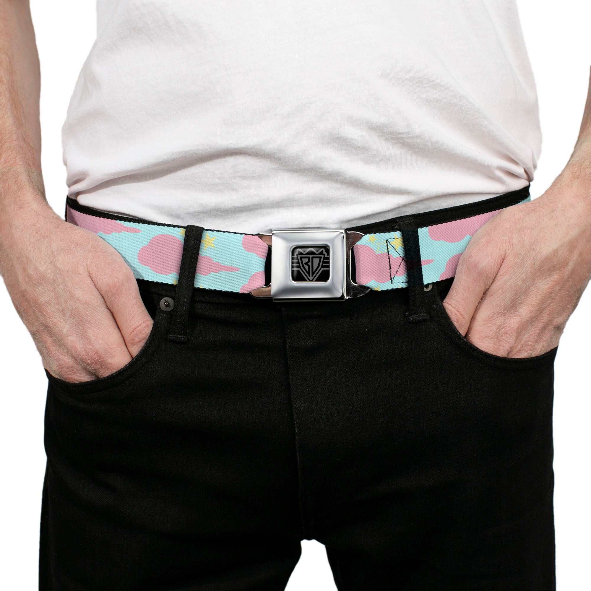 BD Wings Logo CLOSE-UP Black/Silver Seatbelt Belt - Cloudy/Starry Sky Aqua/Pink/Yellow Webbing Seatbelt Belts Buckle-Down