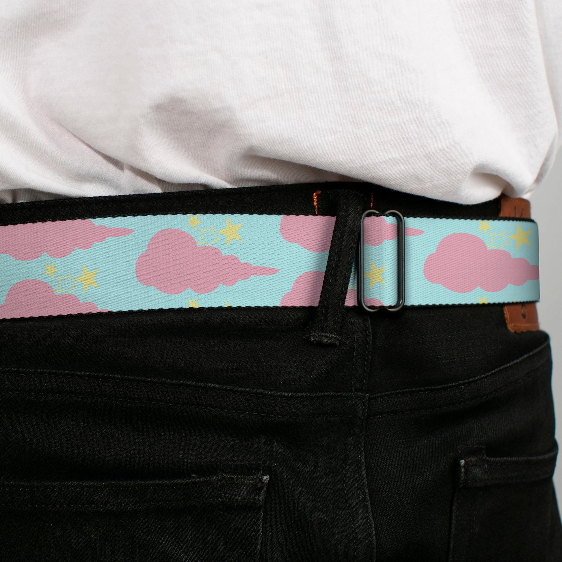 BD Wings Logo CLOSE-UP Black/Silver Seatbelt Belt - Cloudy/Starry Sky Aqua/Pink/Yellow Webbing Seatbelt Belts Buckle-Down