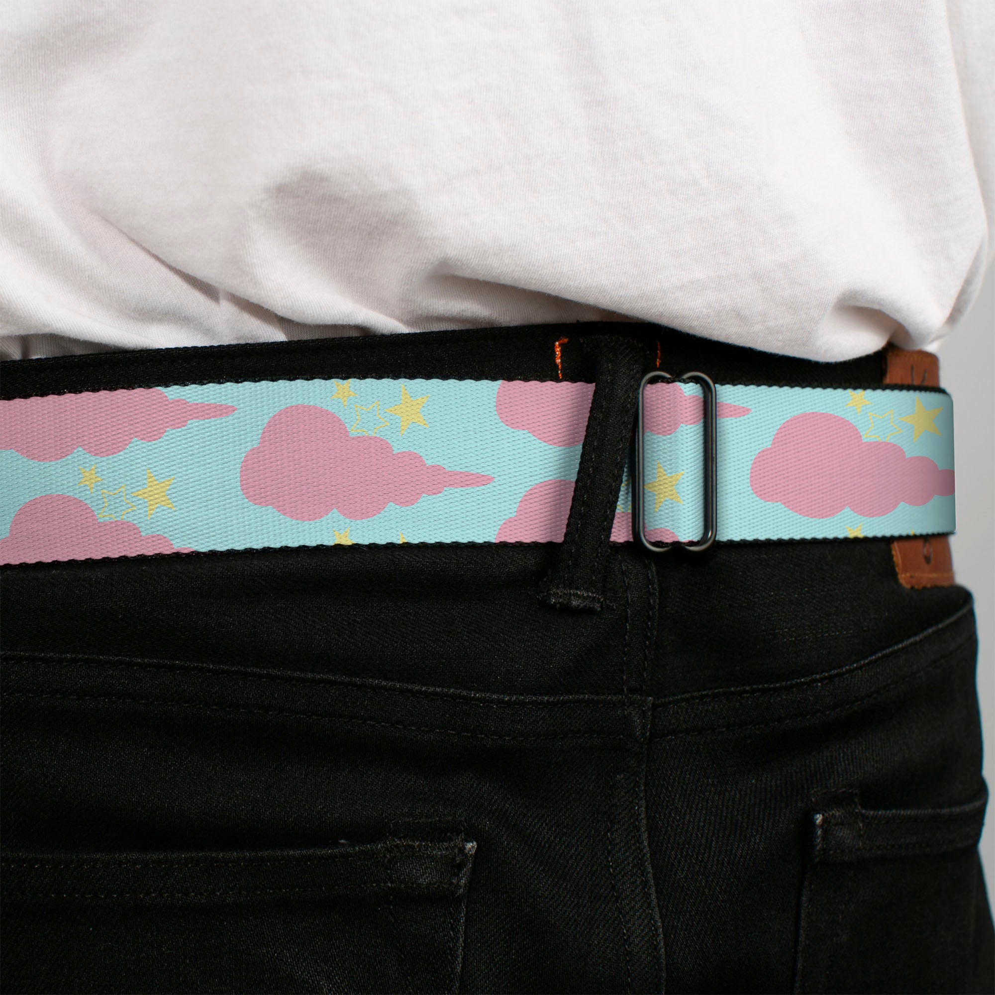 BD Wings Logo CLOSE-UP Black/Silver Seatbelt Belt - Cloudy/Starry Sky Aqua/Pink/Yellow Webbing Seatbelt Belts Buckle-Down