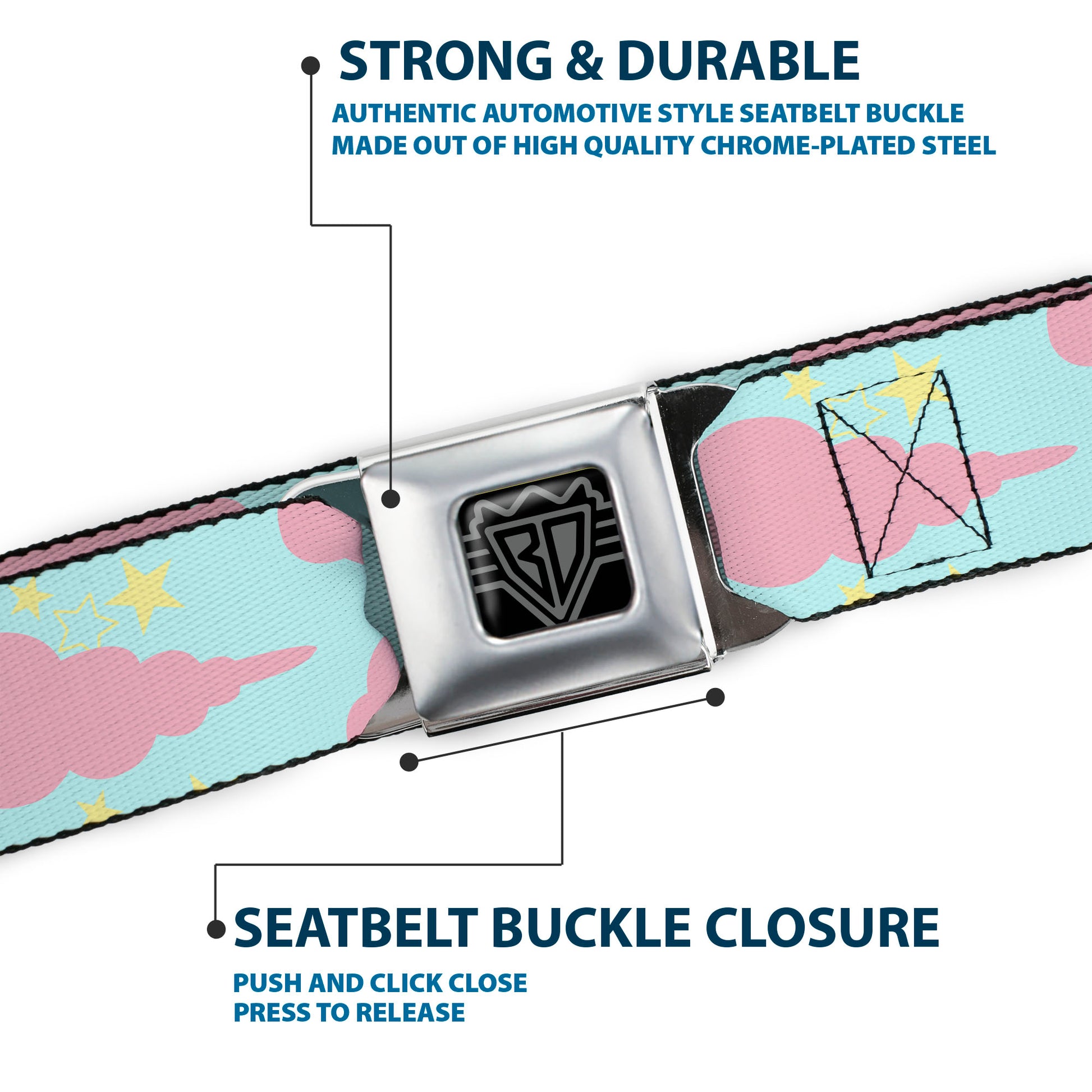 BD Wings Logo CLOSE-UP Black/Silver Seatbelt Belt - Cloudy/Starry Sky Aqua/Pink/Yellow Webbing Seatbelt Belts Buckle-Down