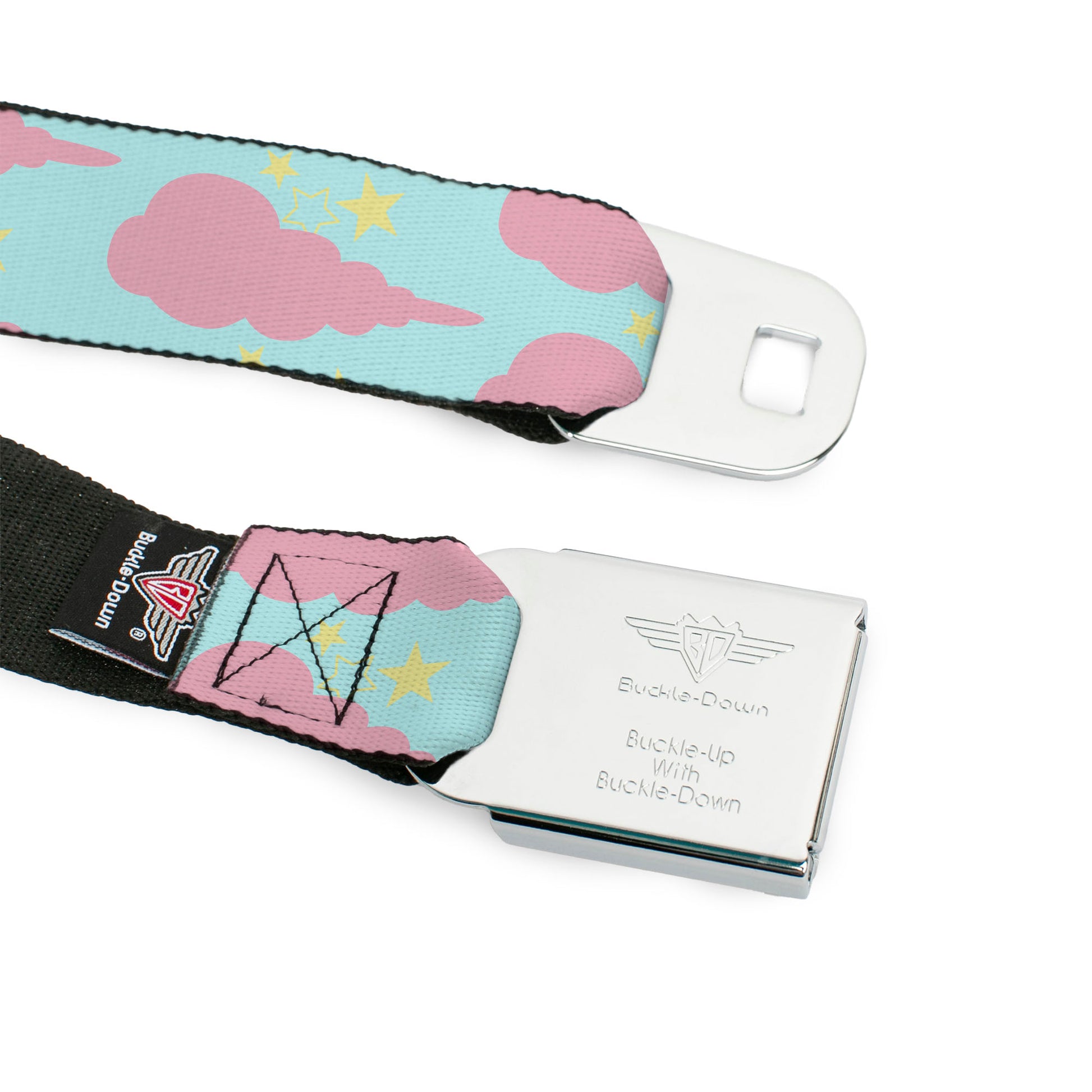 BD Wings Logo CLOSE-UP Black/Silver Seatbelt Belt - Cloudy/Starry Sky Aqua/Pink/Yellow Webbing Seatbelt Belts Buckle-Down