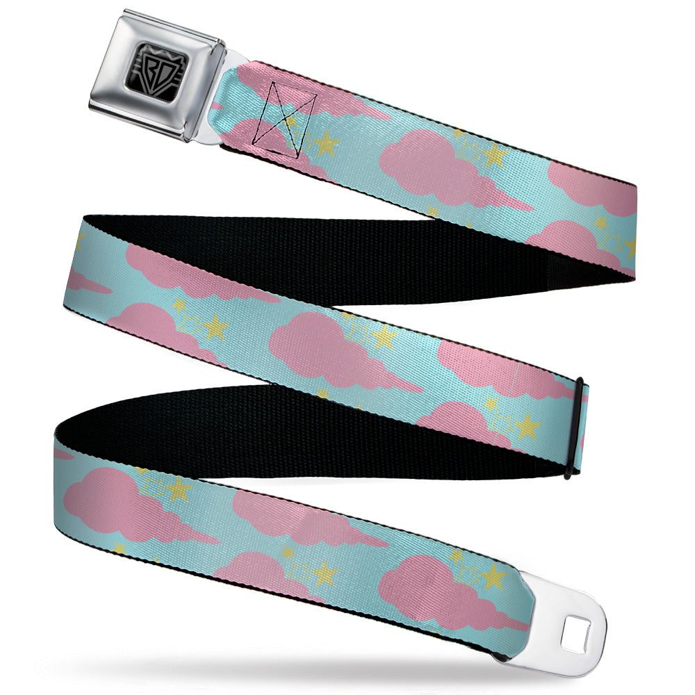 BD Wings Logo CLOSE-UP Black/Silver Seatbelt Belt - Cloudy/Starry Sky Aqua/Pink/Yellow Webbing Seatbelt Belts Buckle-Down