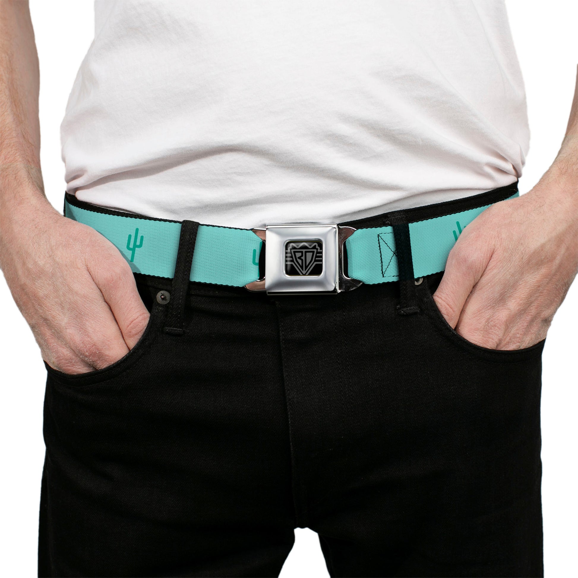 BD Wings Logo CLOSE-UP Black/Silver Seatbelt Belt - Cacti1 Aqua Blues Webbing Seatbelt Belts Buckle-Down