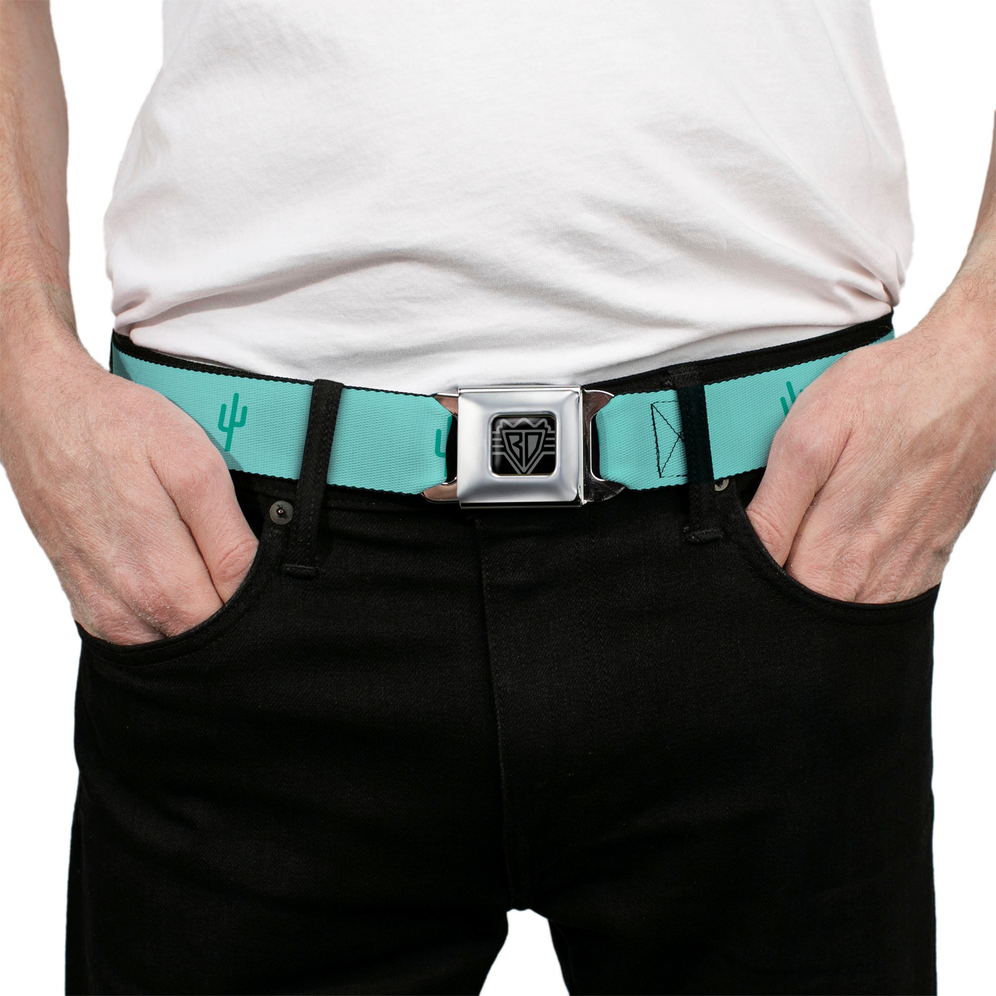BD Wings Logo CLOSE-UP Black/Silver Seatbelt Belt - Cacti1 Aqua Blues Webbing Seatbelt Belts Buckle-Down