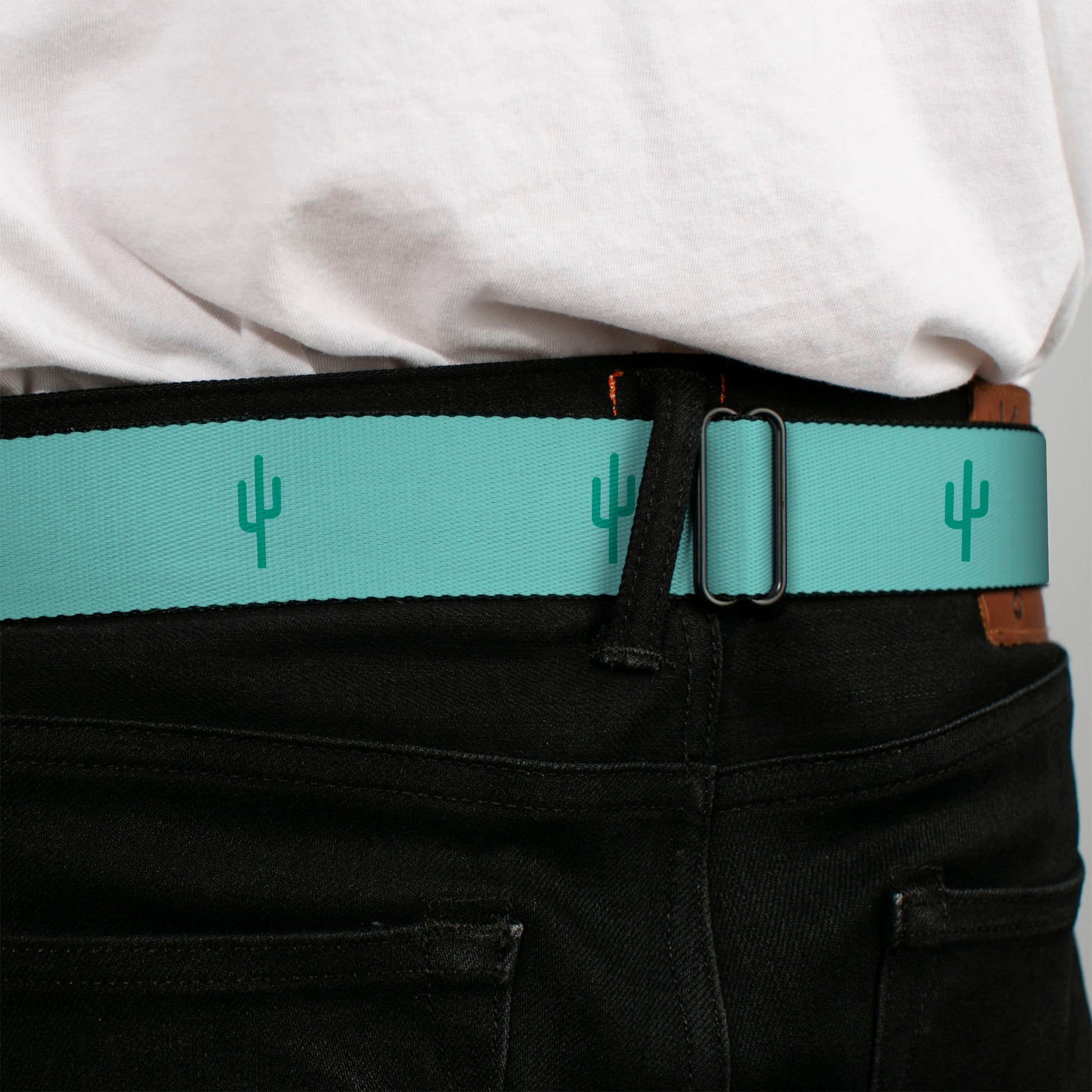 BD Wings Logo CLOSE-UP Black/Silver Seatbelt Belt - Cacti1 Aqua Blues Webbing Seatbelt Belts Buckle-Down