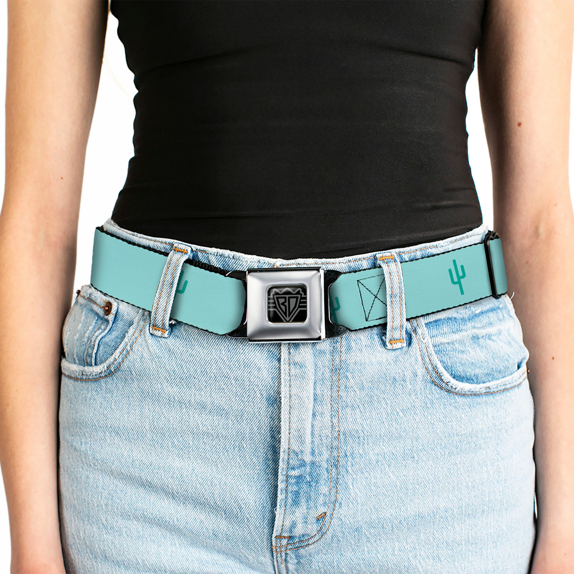 BD Wings Logo CLOSE-UP Black/Silver Seatbelt Belt - Cacti1 Aqua Blues Webbing Seatbelt Belts Buckle-Down