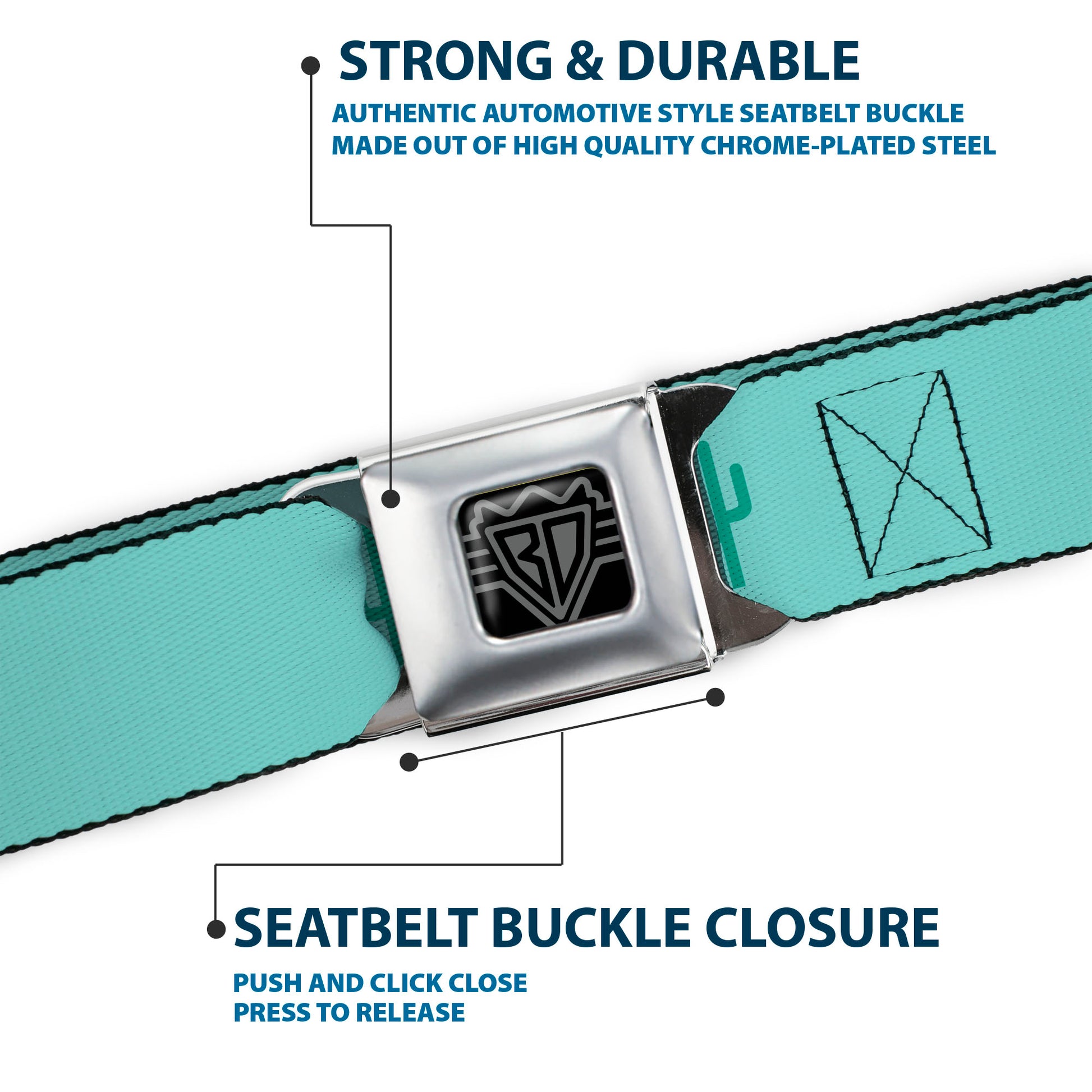 BD Wings Logo CLOSE-UP Black/Silver Seatbelt Belt - Cacti1 Aqua Blues Webbing Seatbelt Belts Buckle-Down