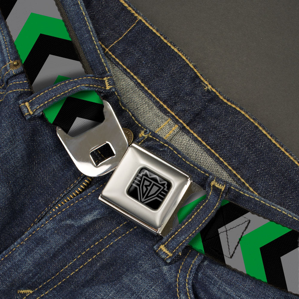 BD Wings Logo CLOSE-UP Black/Silver Seatbelt Belt - Chevron Green/Black/Gray Webbing Seatbelt Belts Buckle-Down