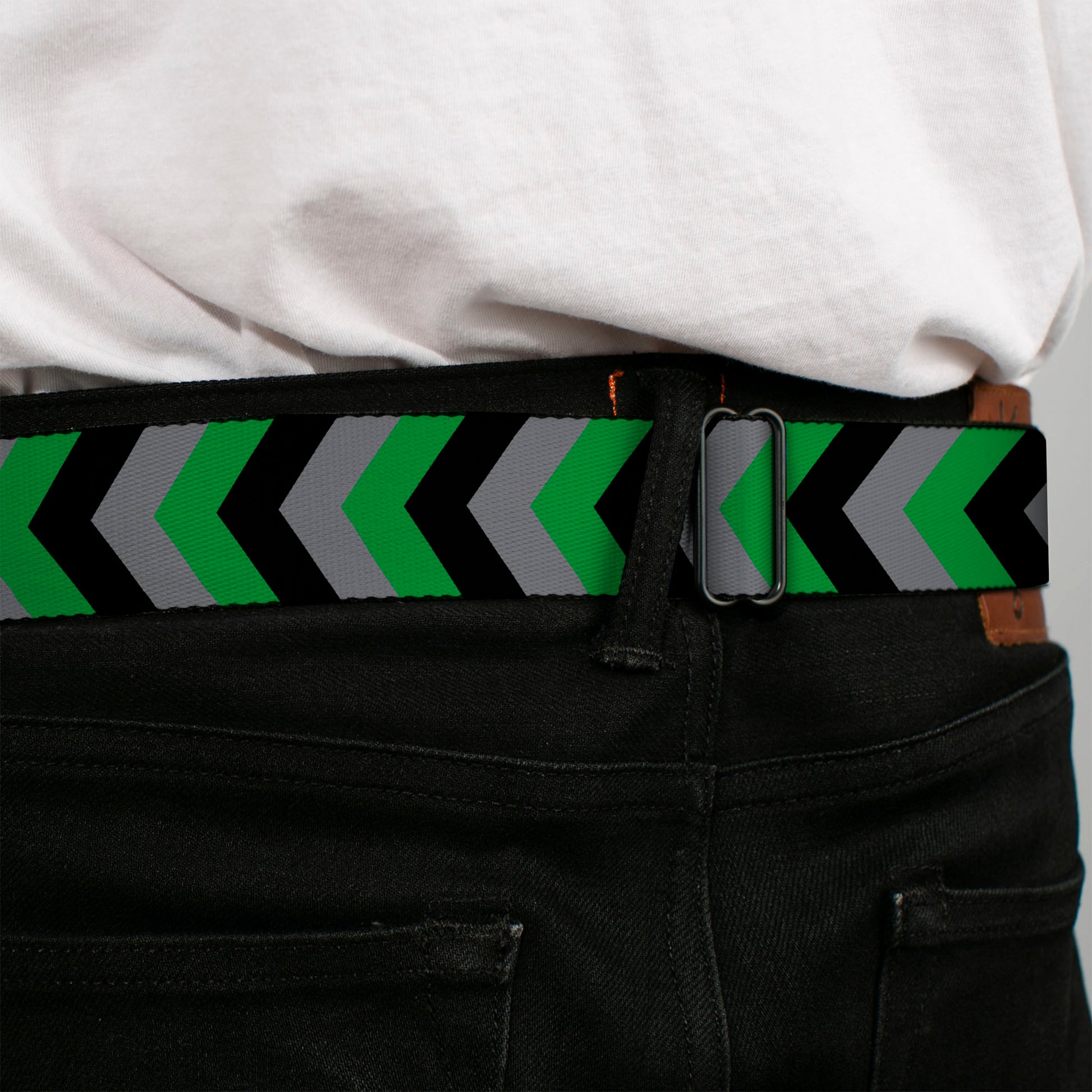 BD Wings Logo CLOSE-UP Black/Silver Seatbelt Belt - Chevron Green/Black/Gray Webbing Seatbelt Belts Buckle-Down