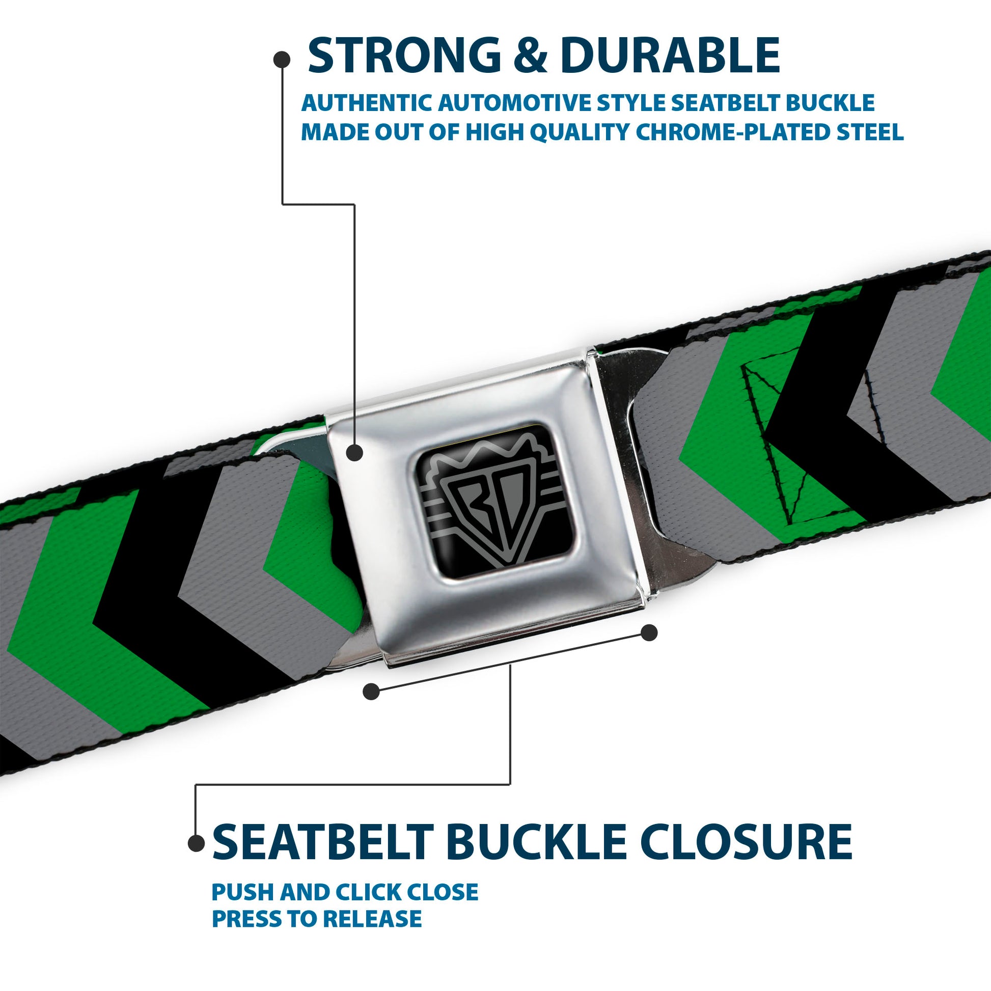 BD Wings Logo CLOSE-UP Black/Silver Seatbelt Belt - Chevron Green/Black/Gray Webbing Seatbelt Belts Buckle-Down