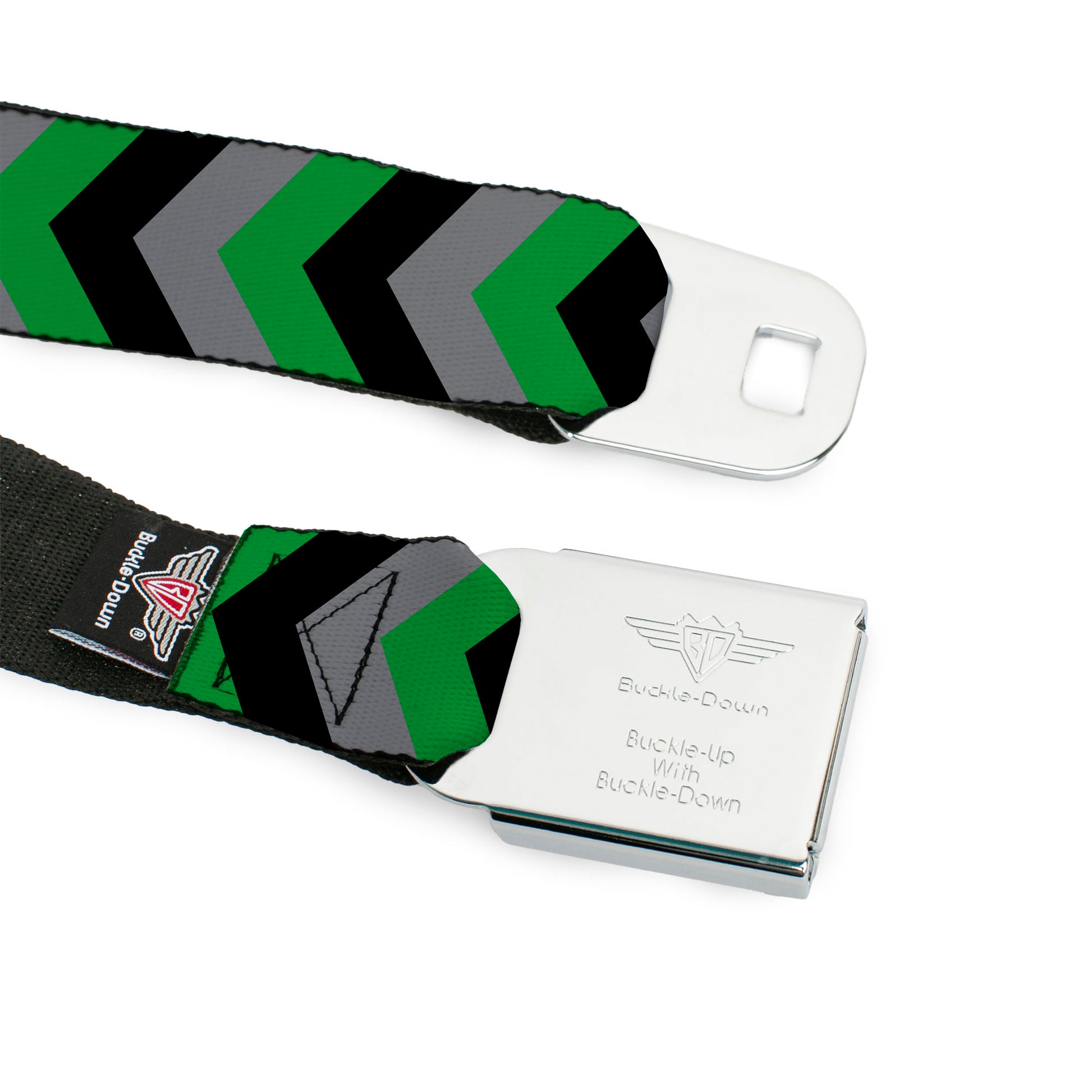 BD Wings Logo CLOSE-UP Black/Silver Seatbelt Belt - Chevron Green/Black/Gray Webbing Seatbelt Belts Buckle-Down